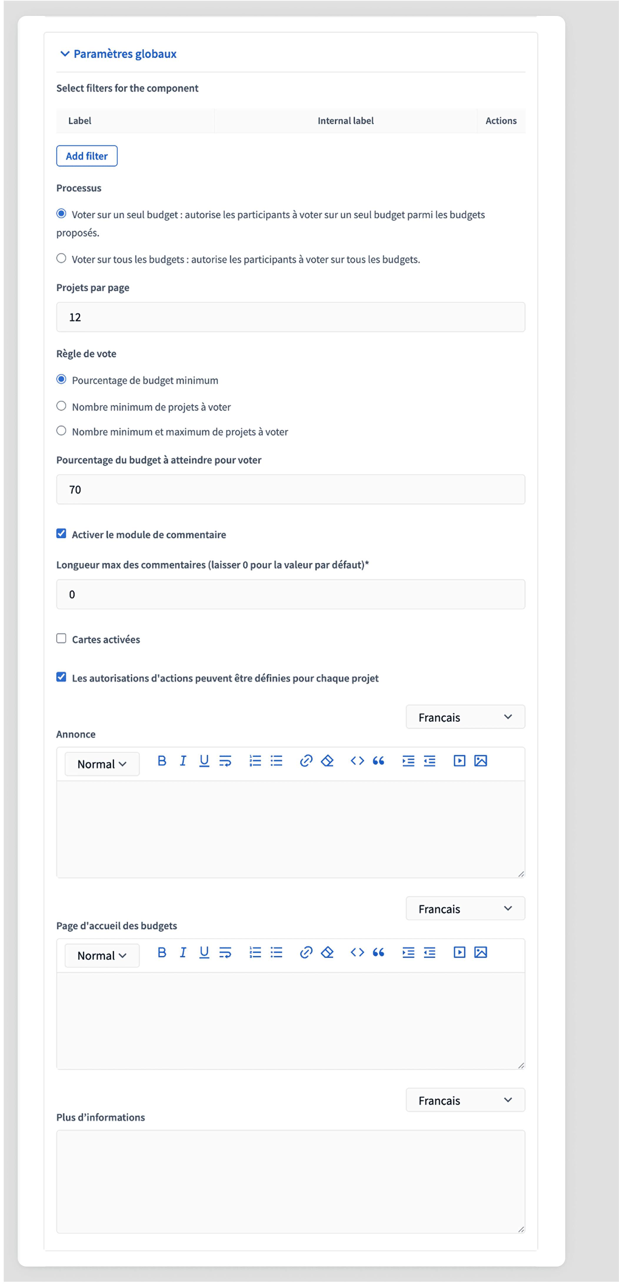 Add component form - Global settings