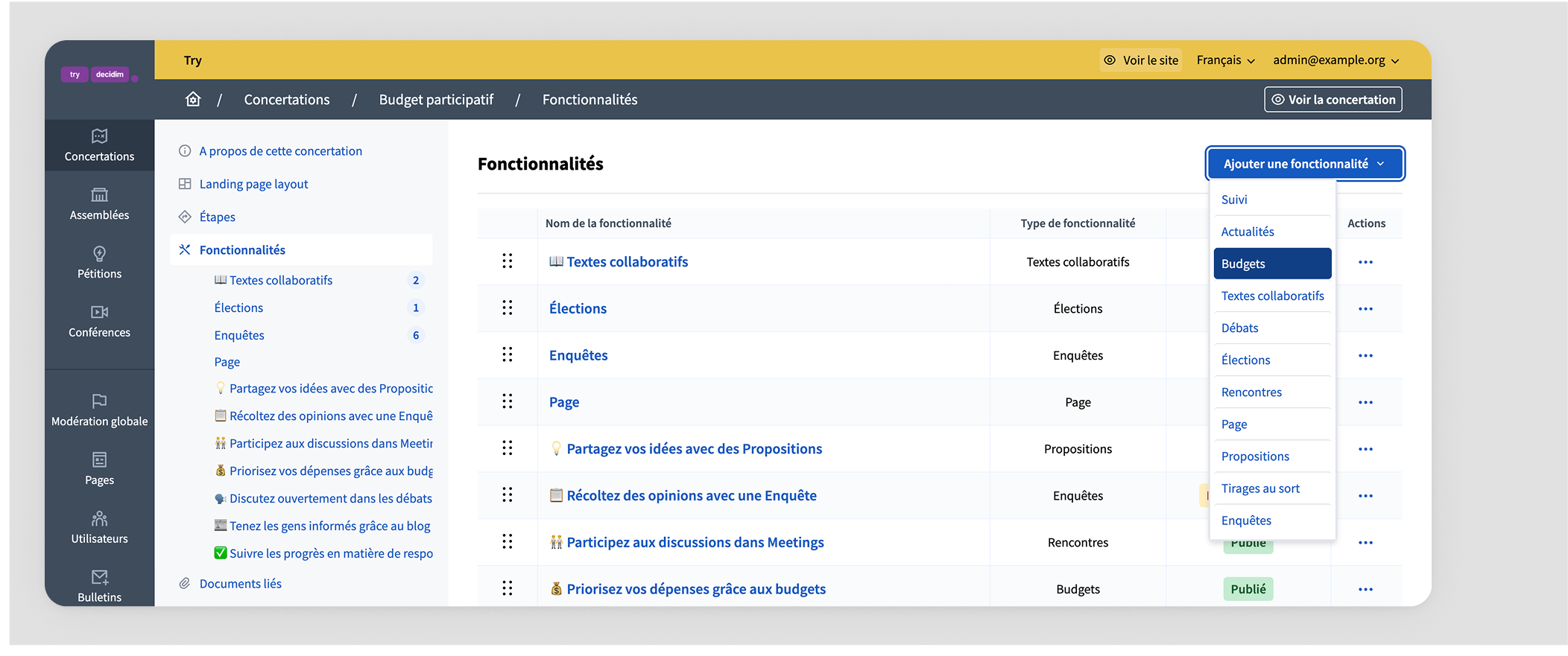 Add Budgets component button