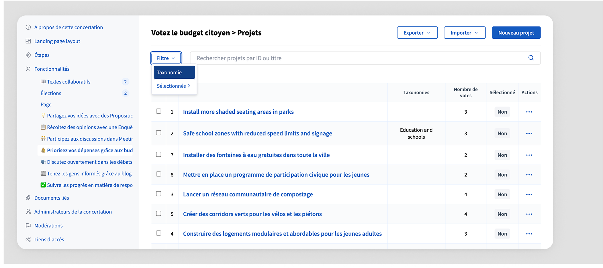 Projects list filter