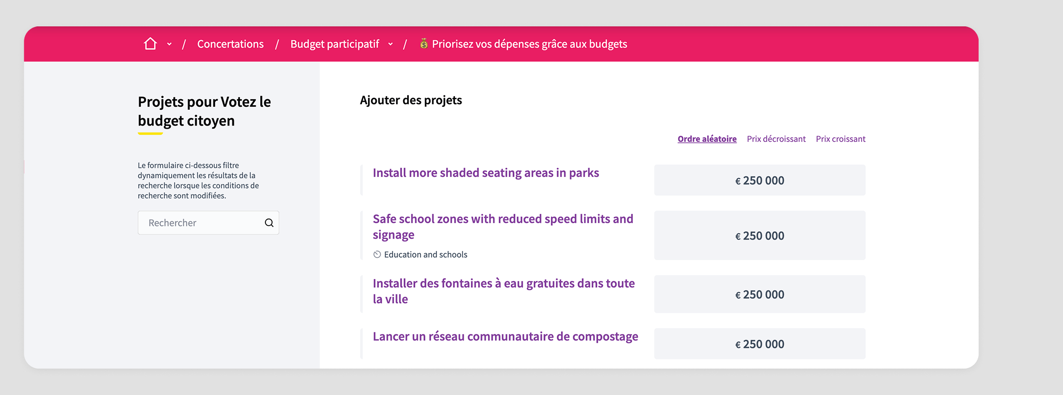 Selected projects after voting in the frontend