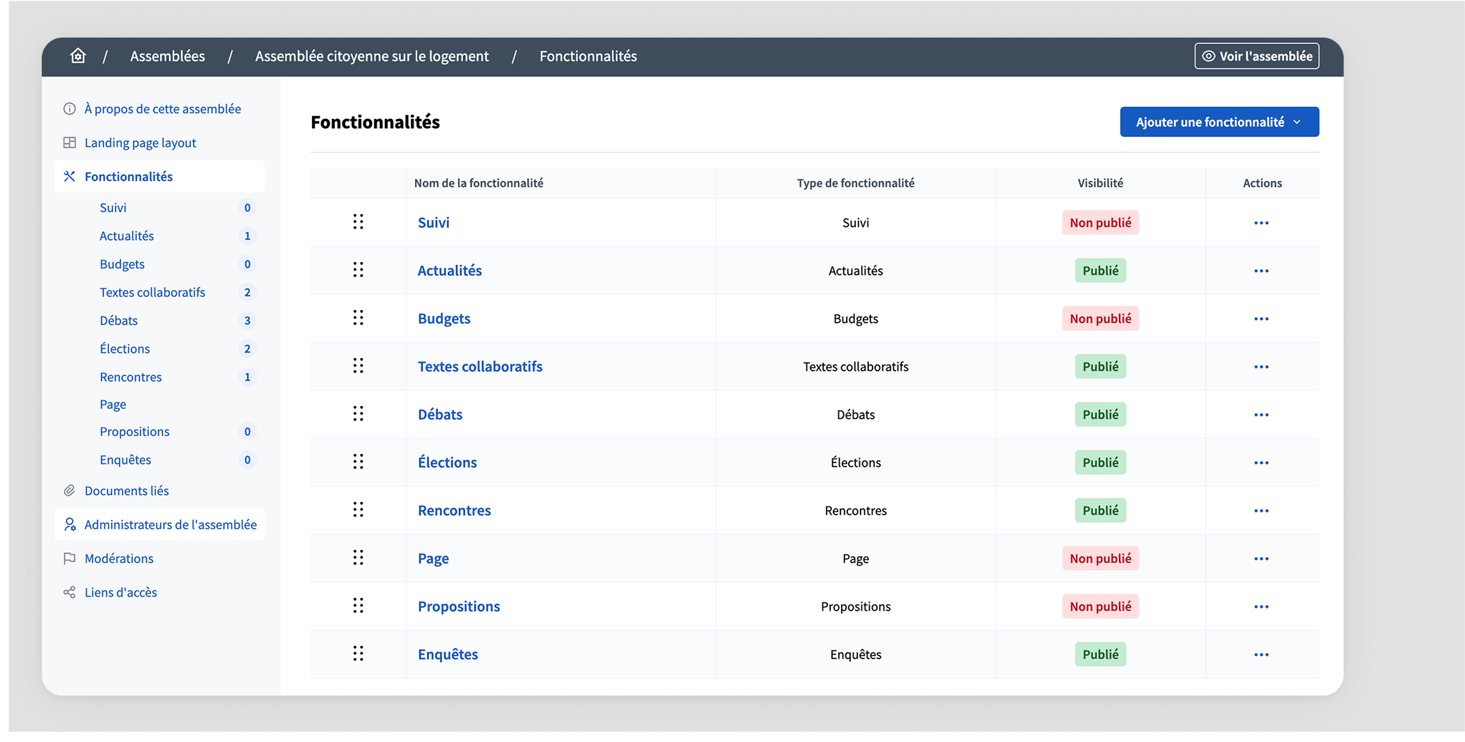 Component index backend in an assembly