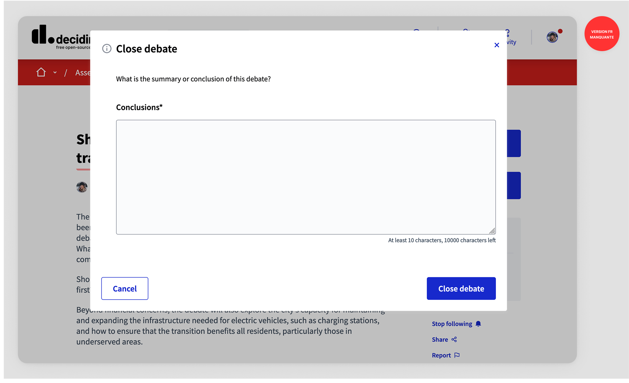 Close debate frontend form