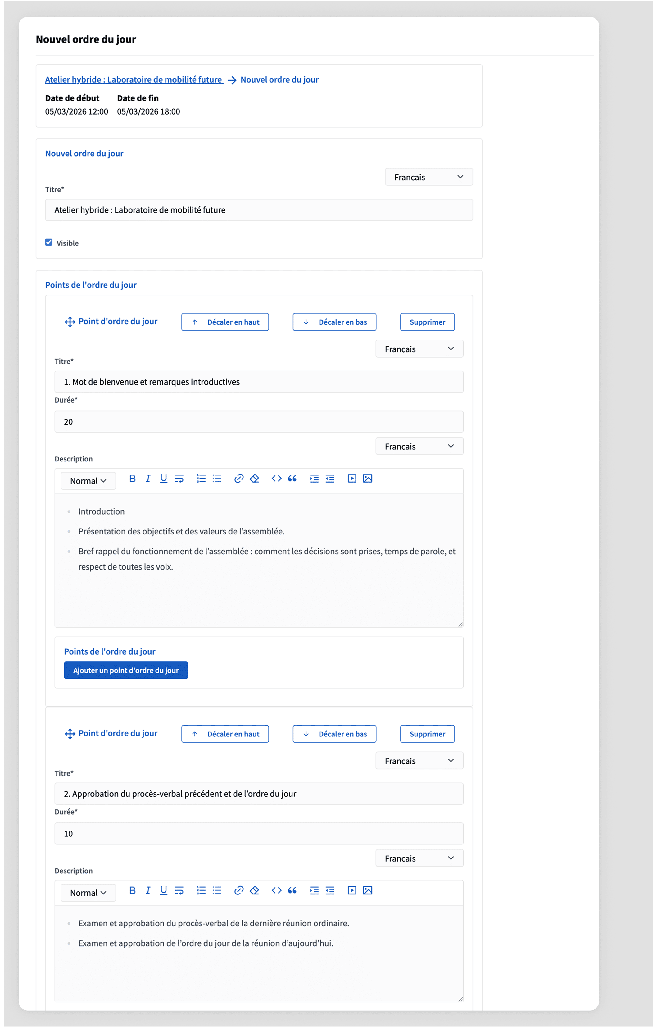 Formulaire de création d’ordre du jour dans le backoffice