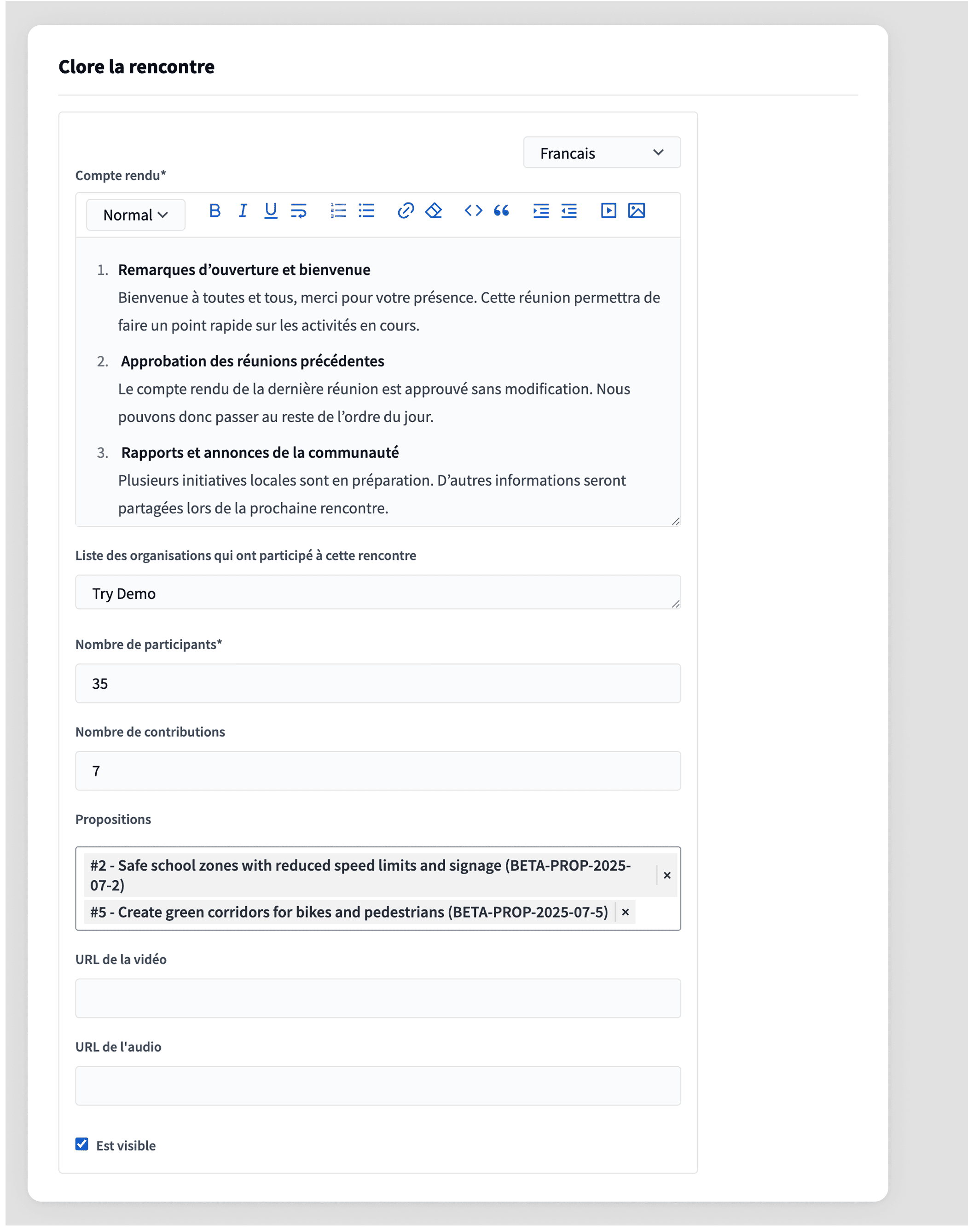 Close meeting form in the backend