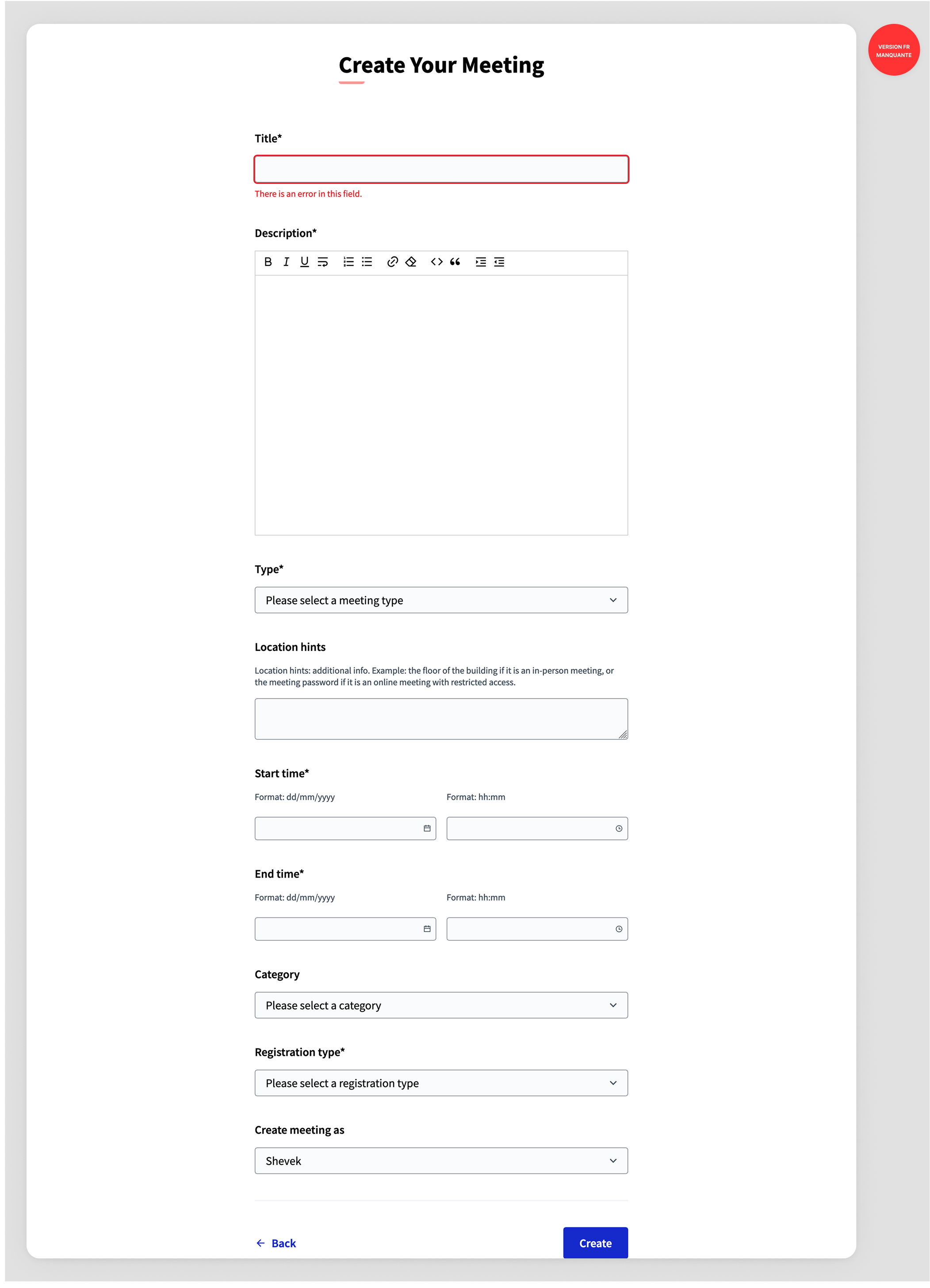 Create a new meeting form (frontend)