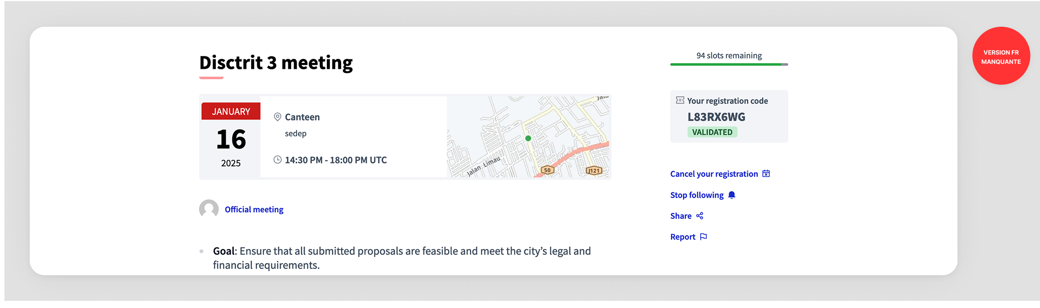 Code d’enregistrement dans une interface de réunion