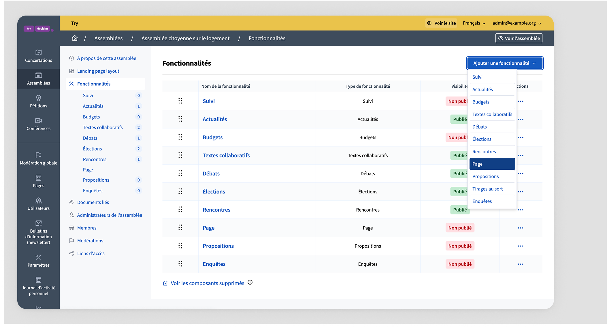 Add Page component button