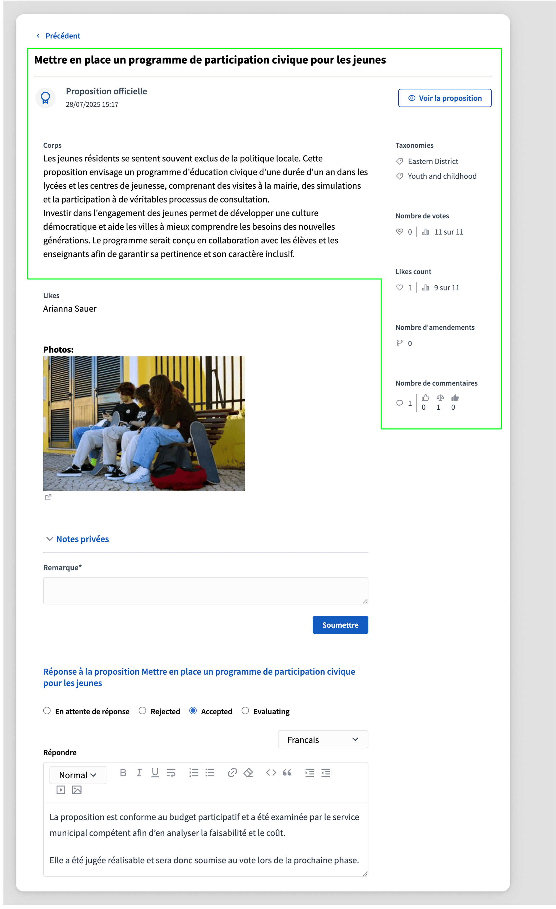 Proposal answer metadata form