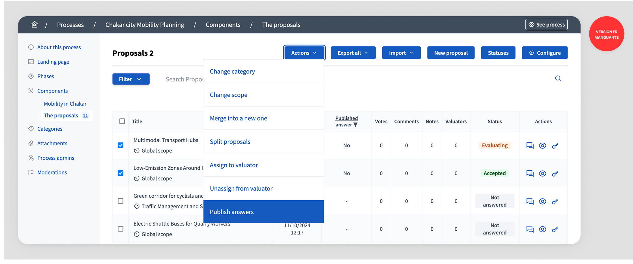 Proposal answer publication: action