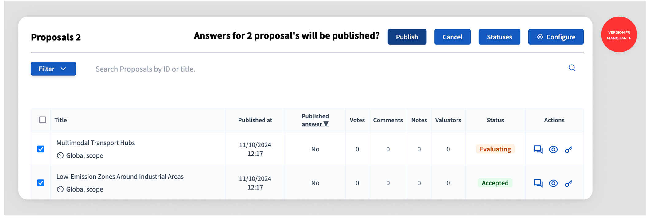 Proposal answer publication: publish button