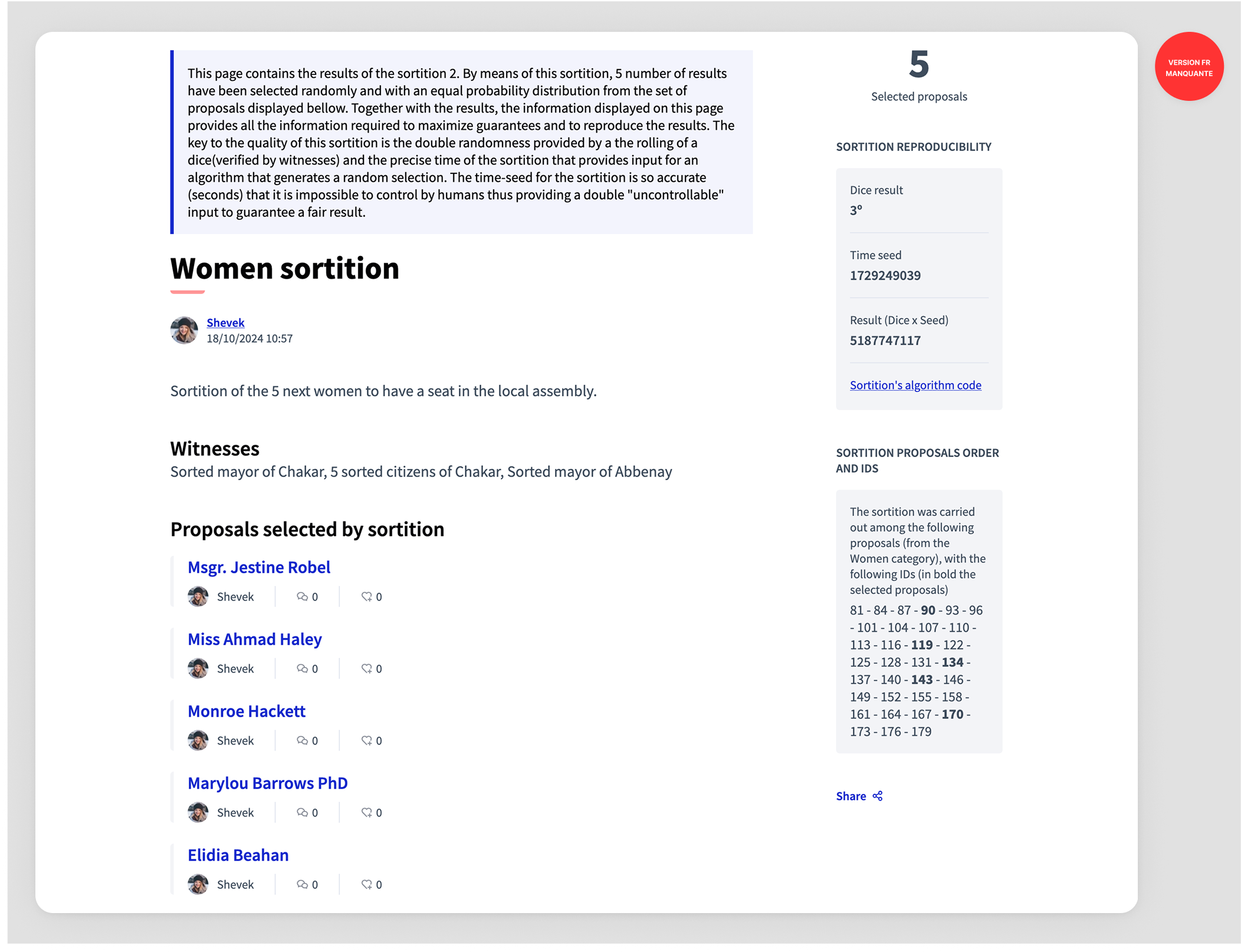 Example of a sortition