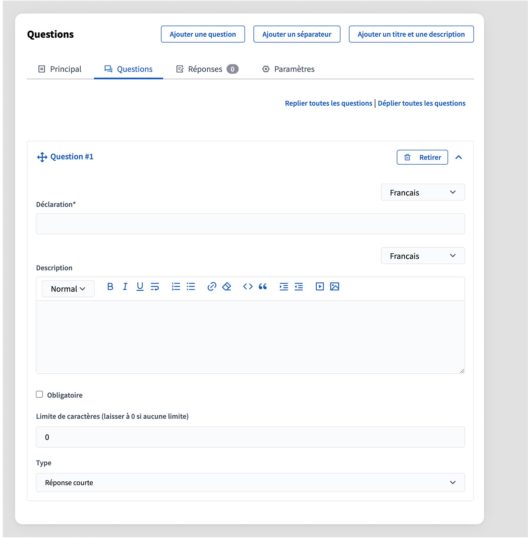 Question form on survey creation