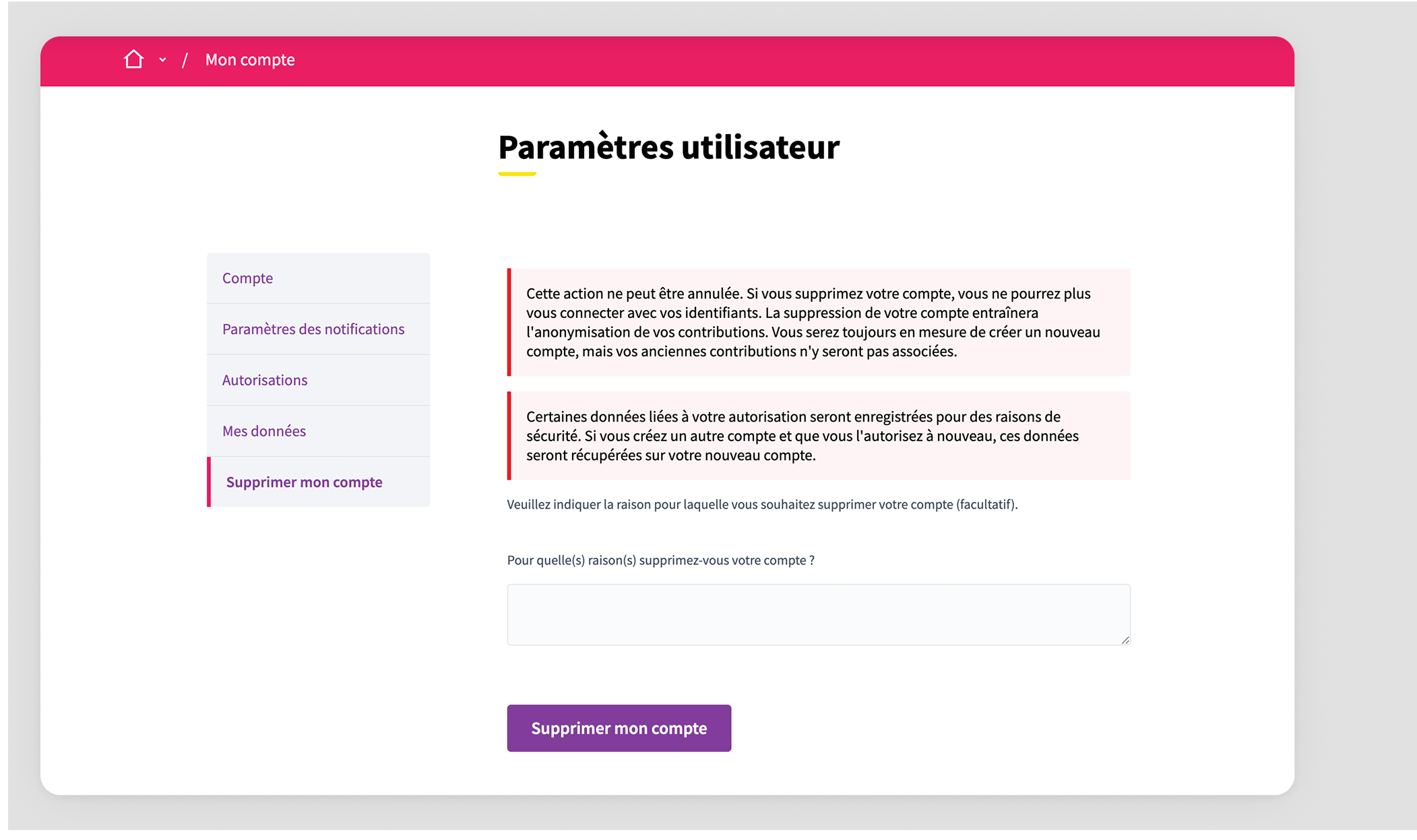 Supprimer le formulaire de compte