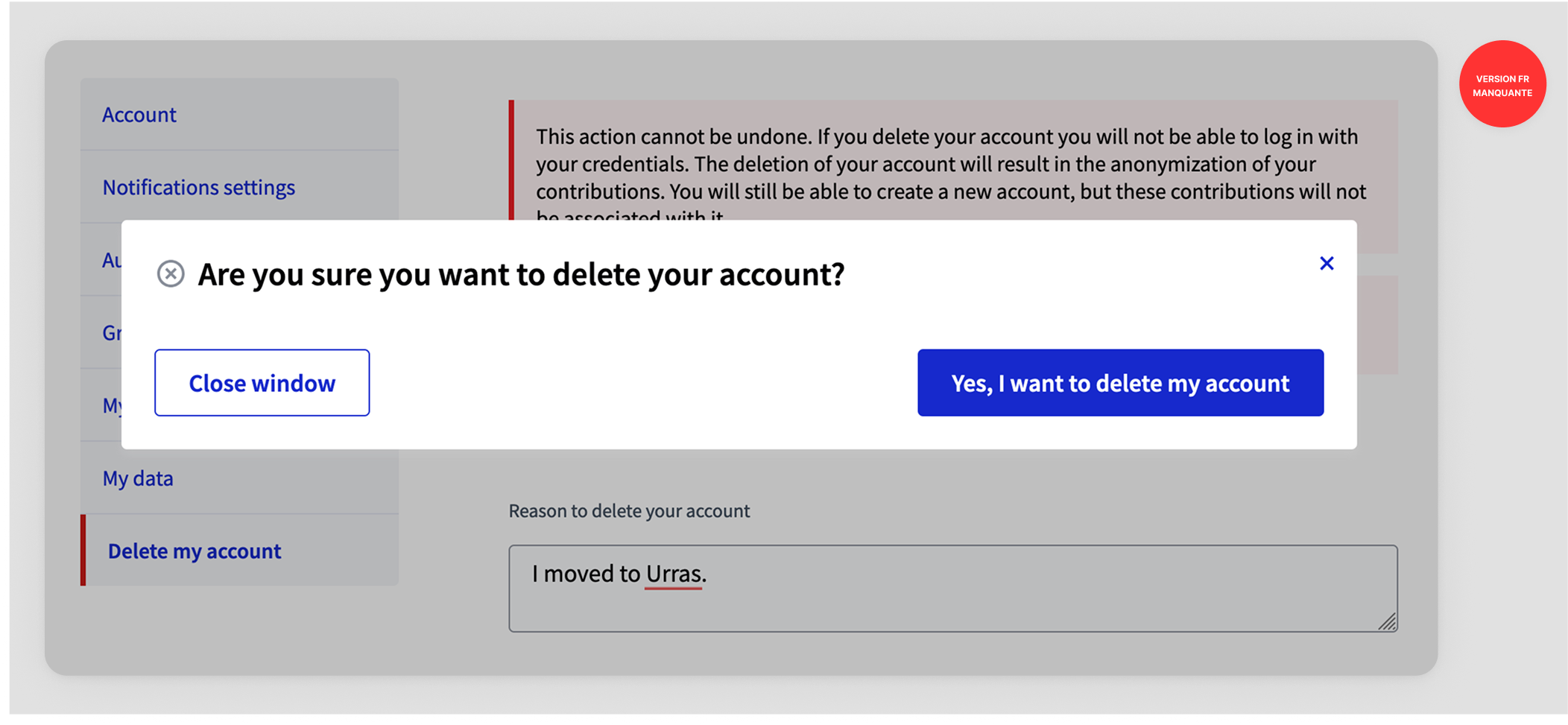 Confirmer la suppression du compte
