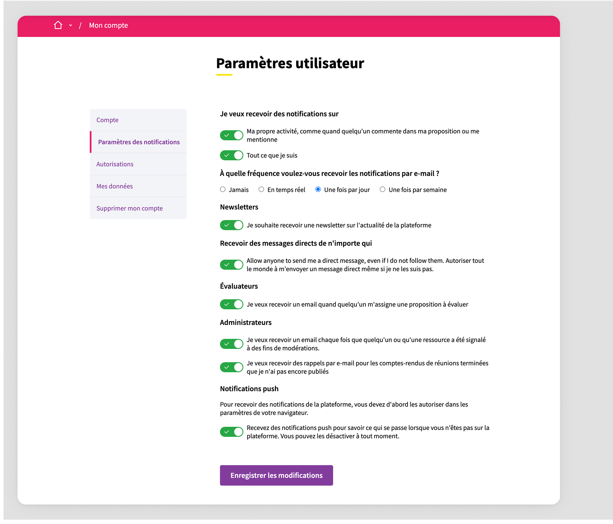Paramètres des notifications