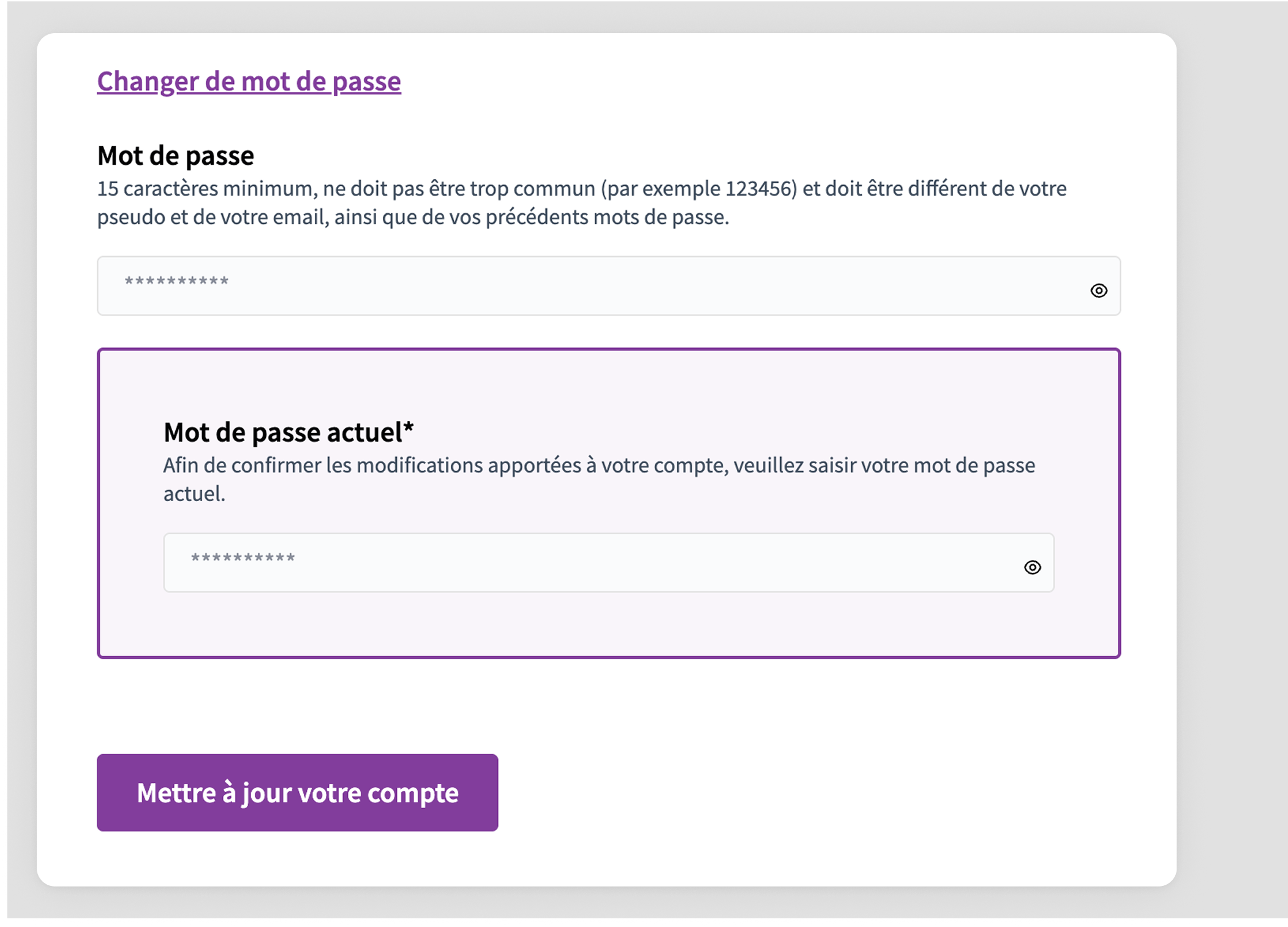 My account form - password change
