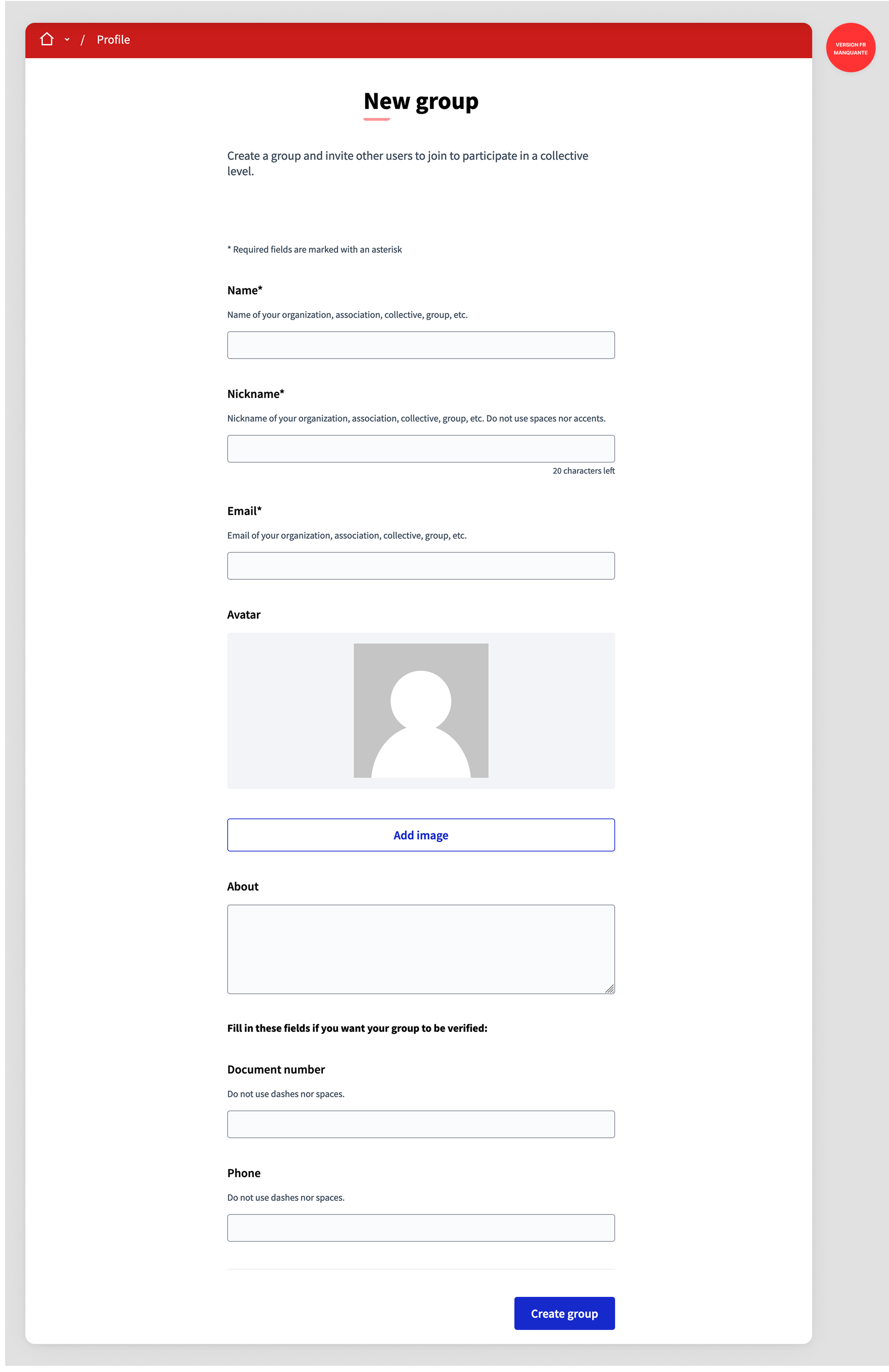 Public profile group creation form