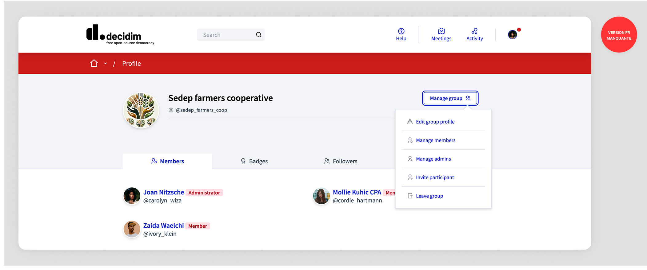 Public profile group drop down menu