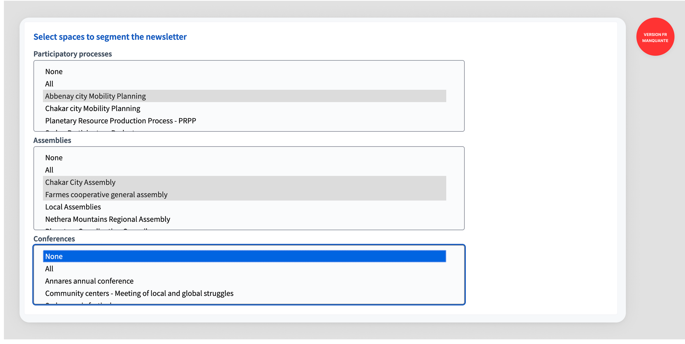 Newsletter select recipients spaces