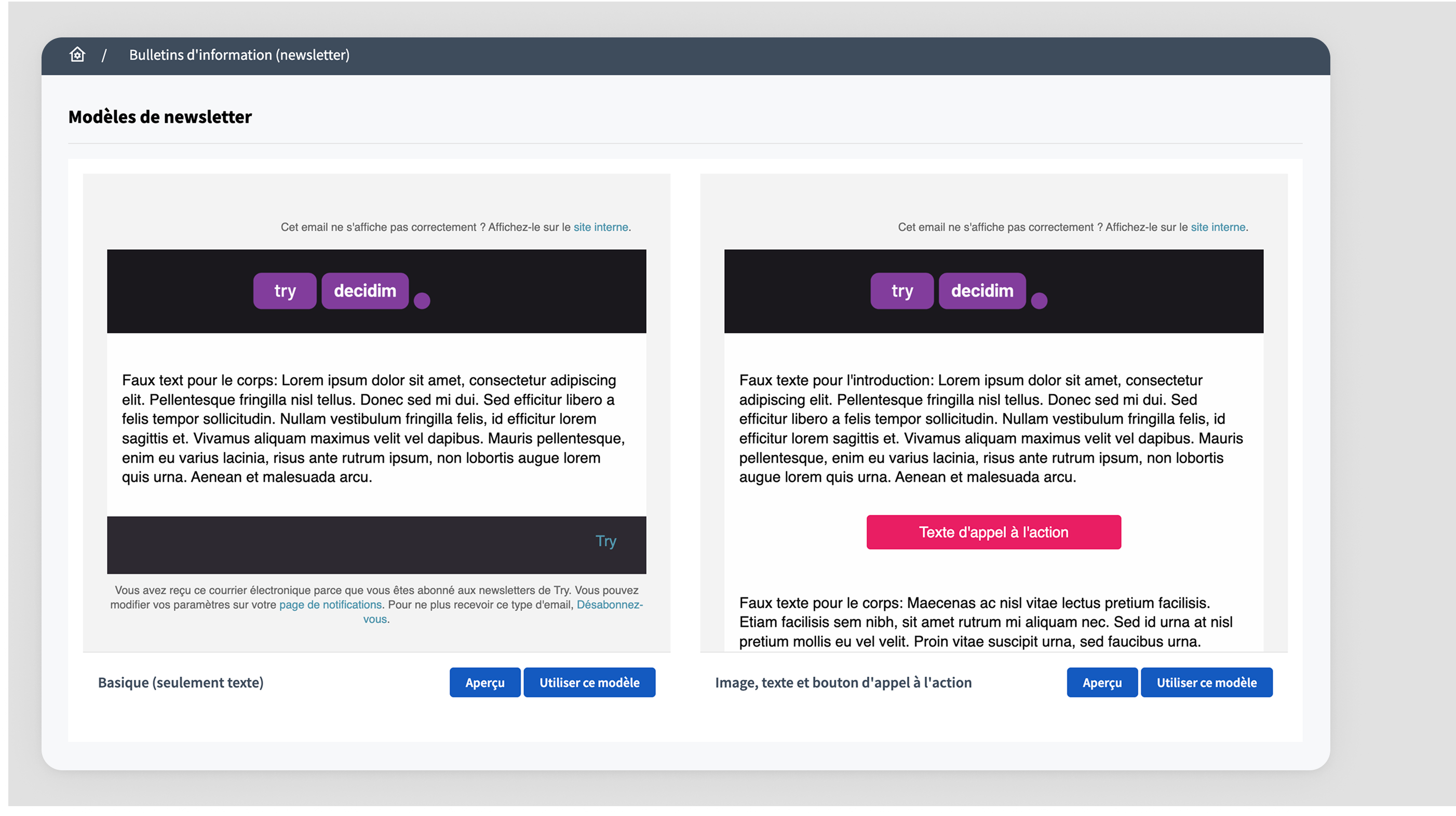 Newsletter new templates selection