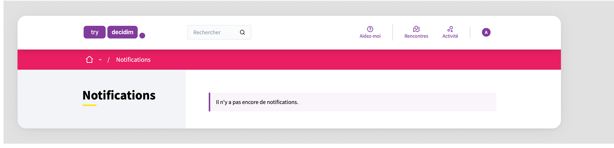 Exemple de page de notifications quand il n’y a pas de notifications