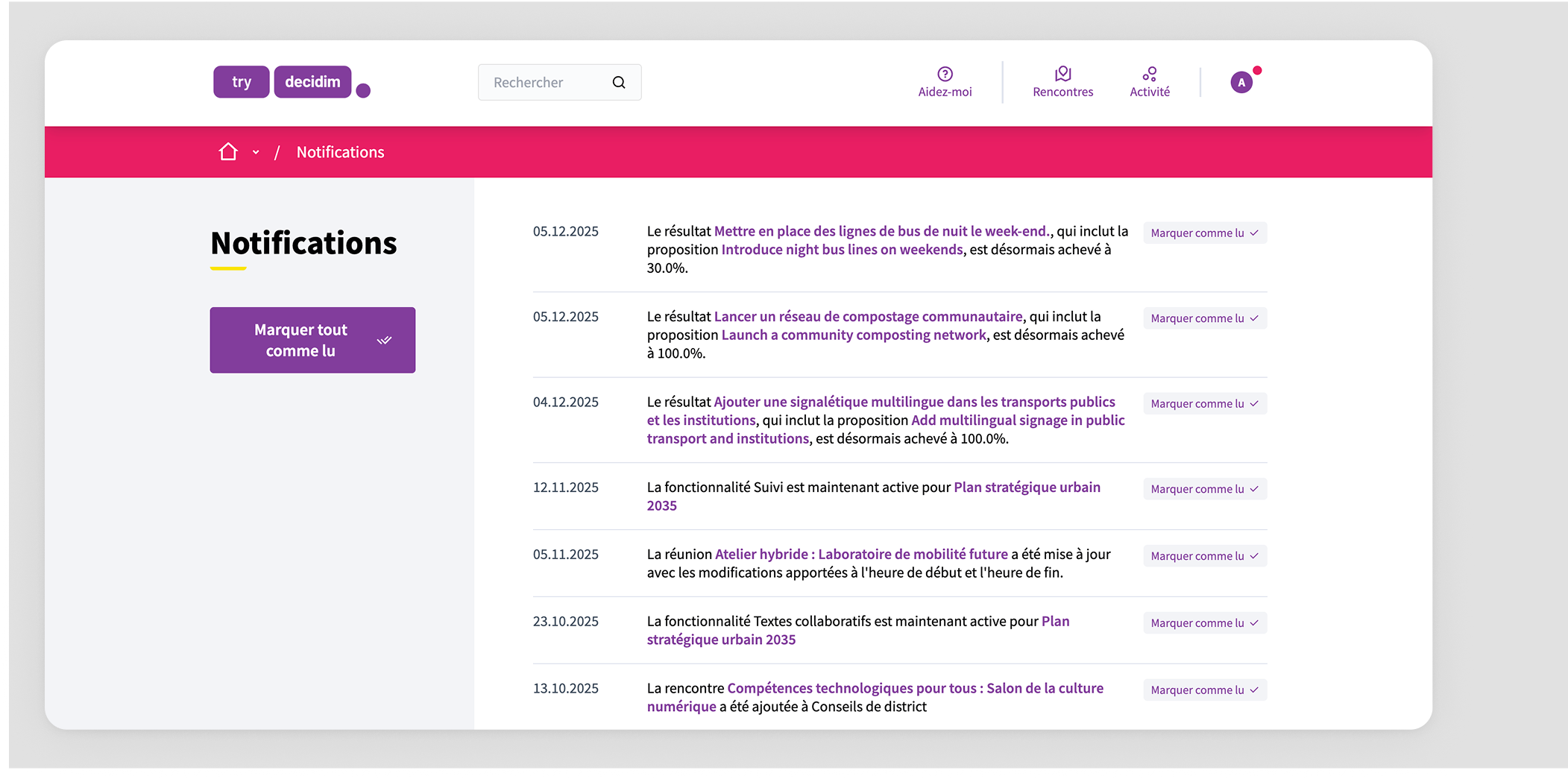 Exemple de page de notifications lorsqu’il y a des notifications