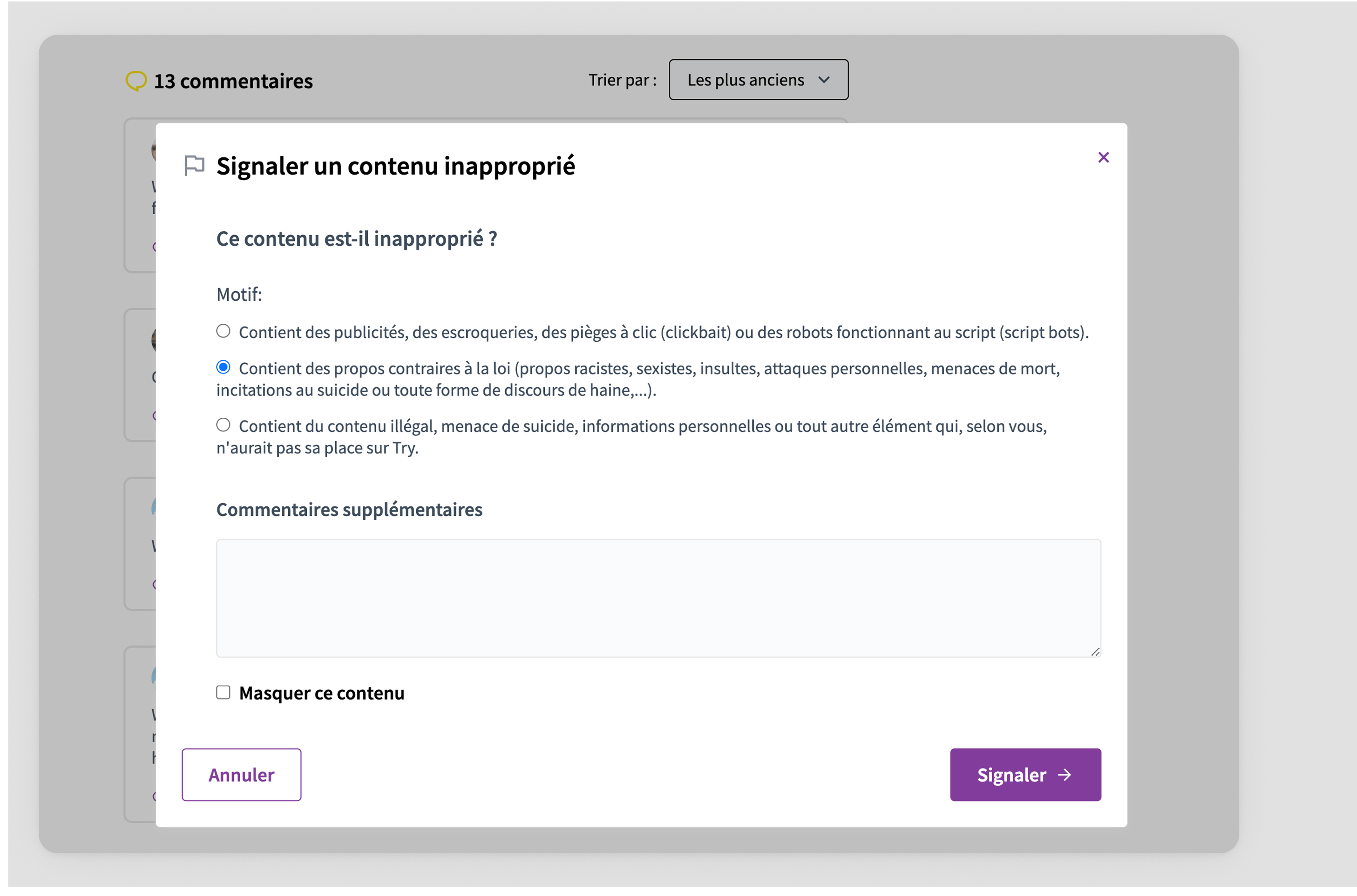 Donner raison de modération modale