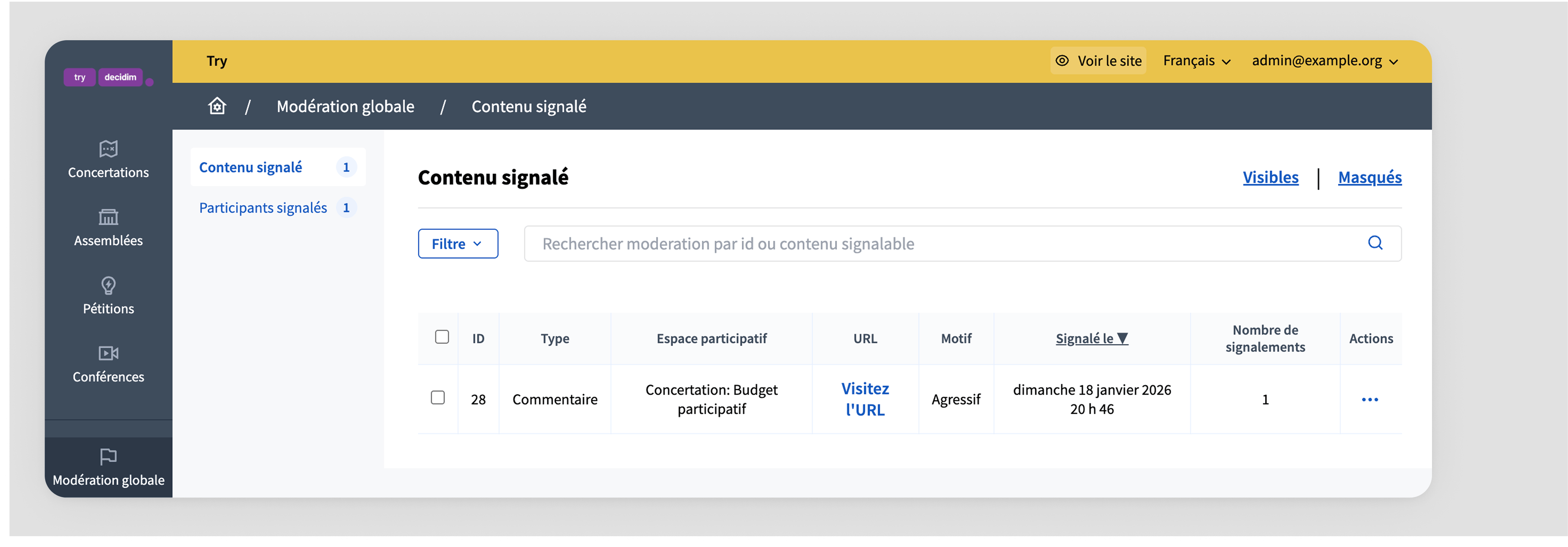 Panneau de modération globale pour le contenu