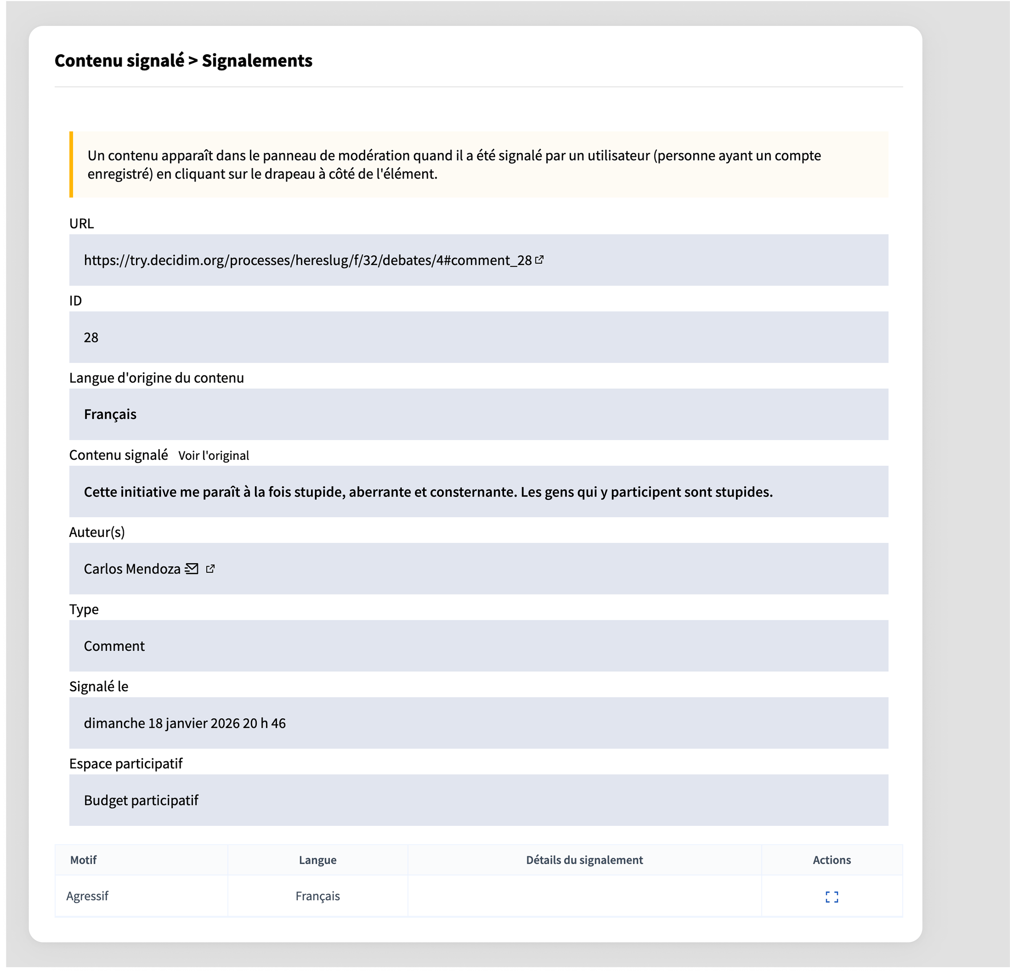 Panneau de modération globale pour le contenu