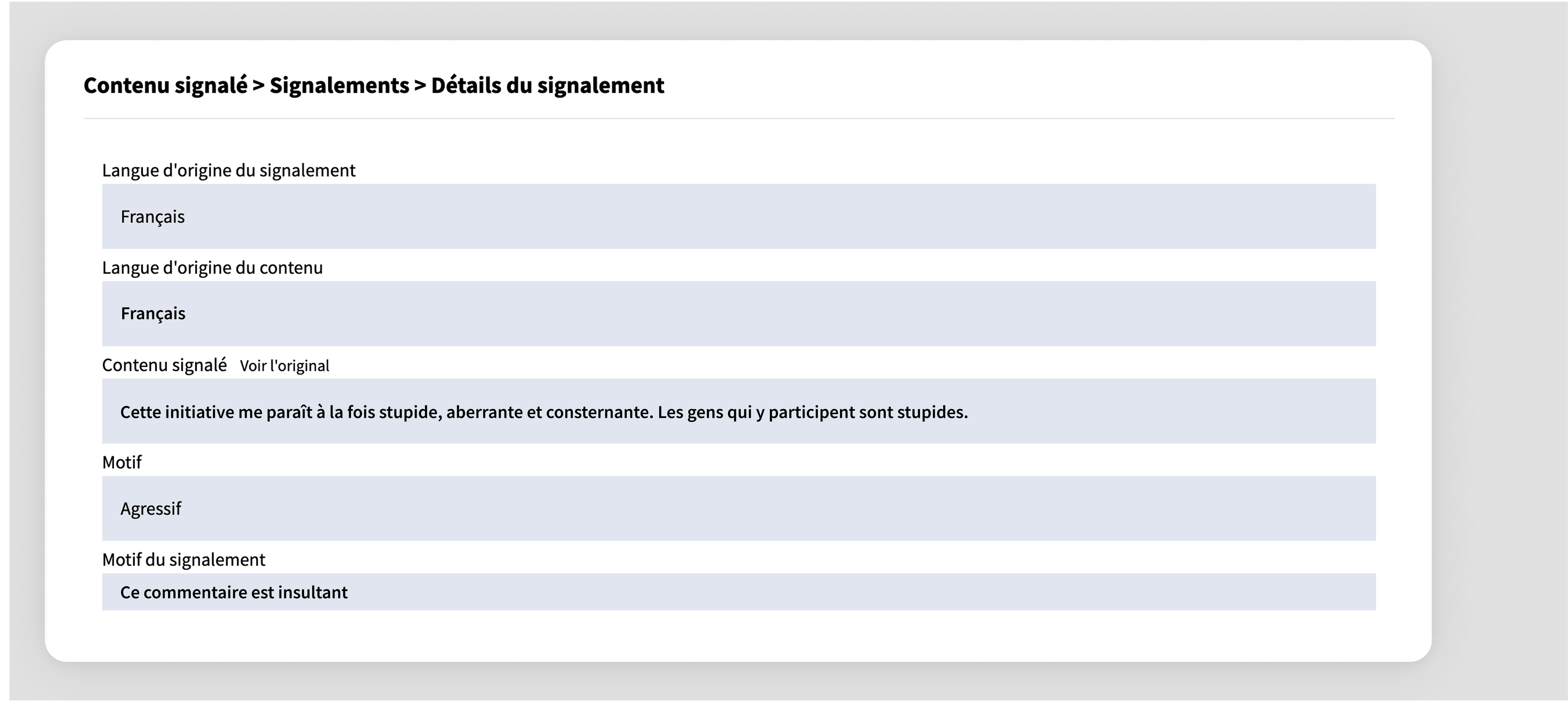 Panneau de modération globale pour le contenu