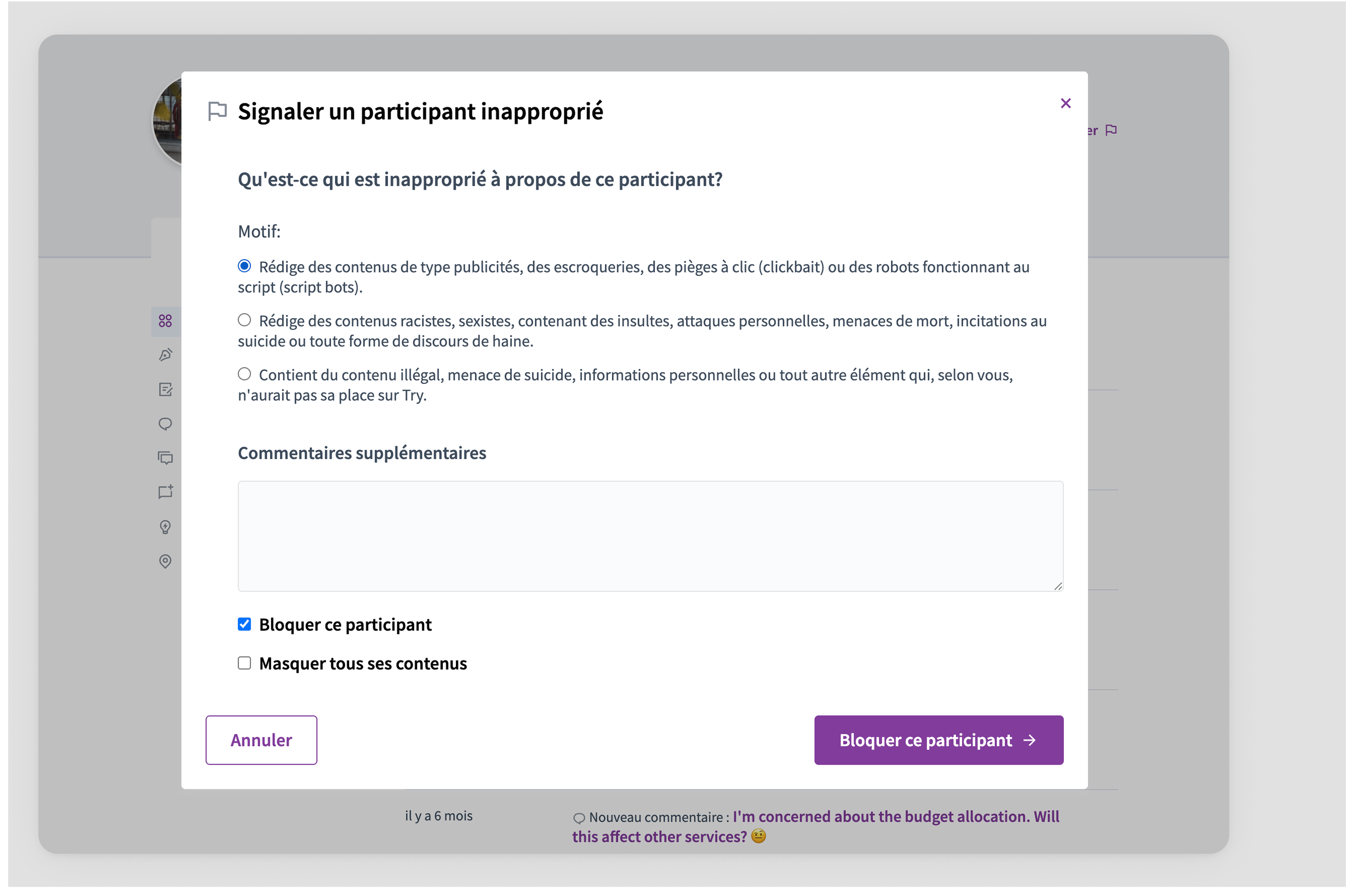 Give reason for reporting a participant modal administrators