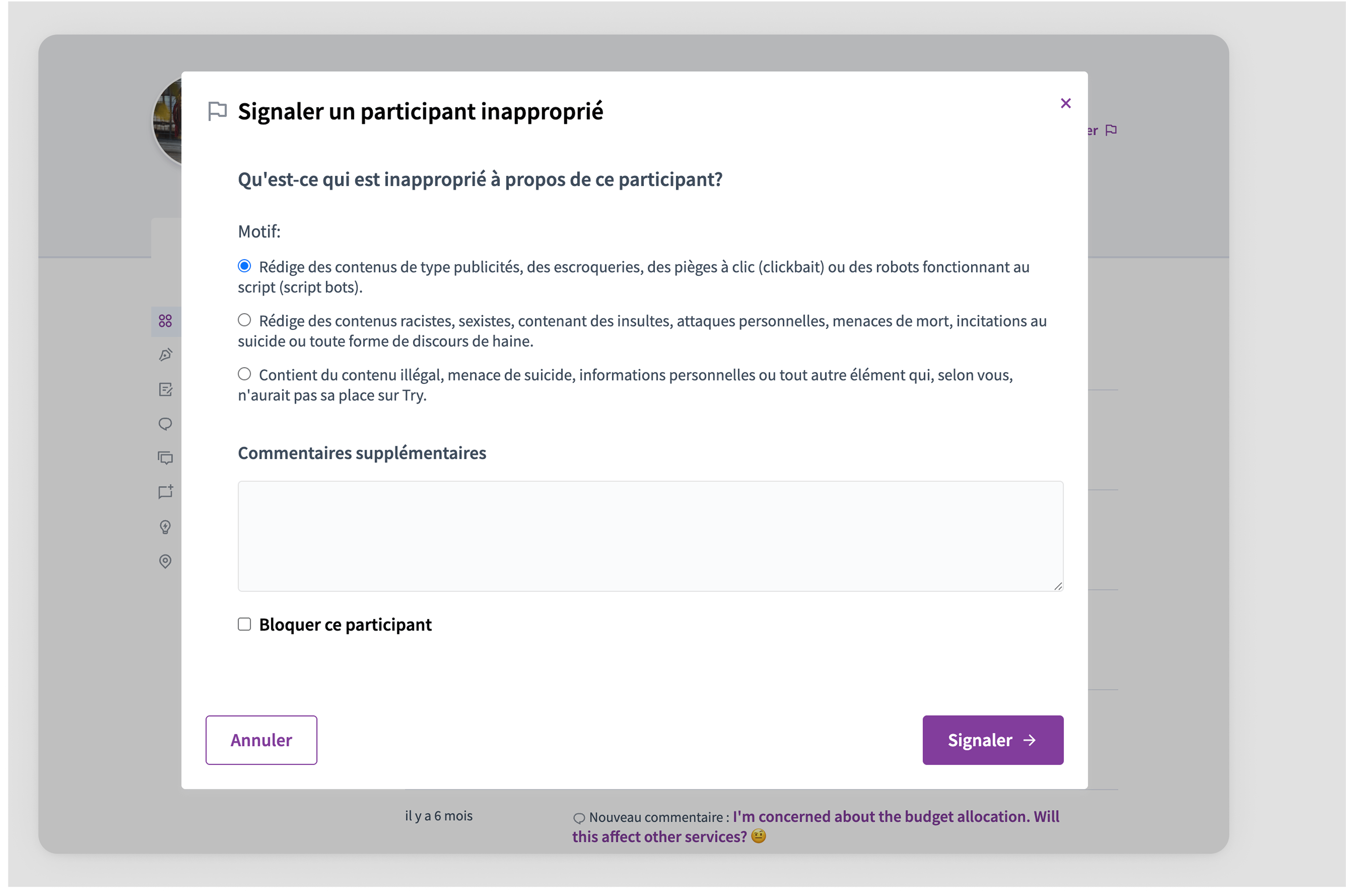Give reason for reporting a participant modal