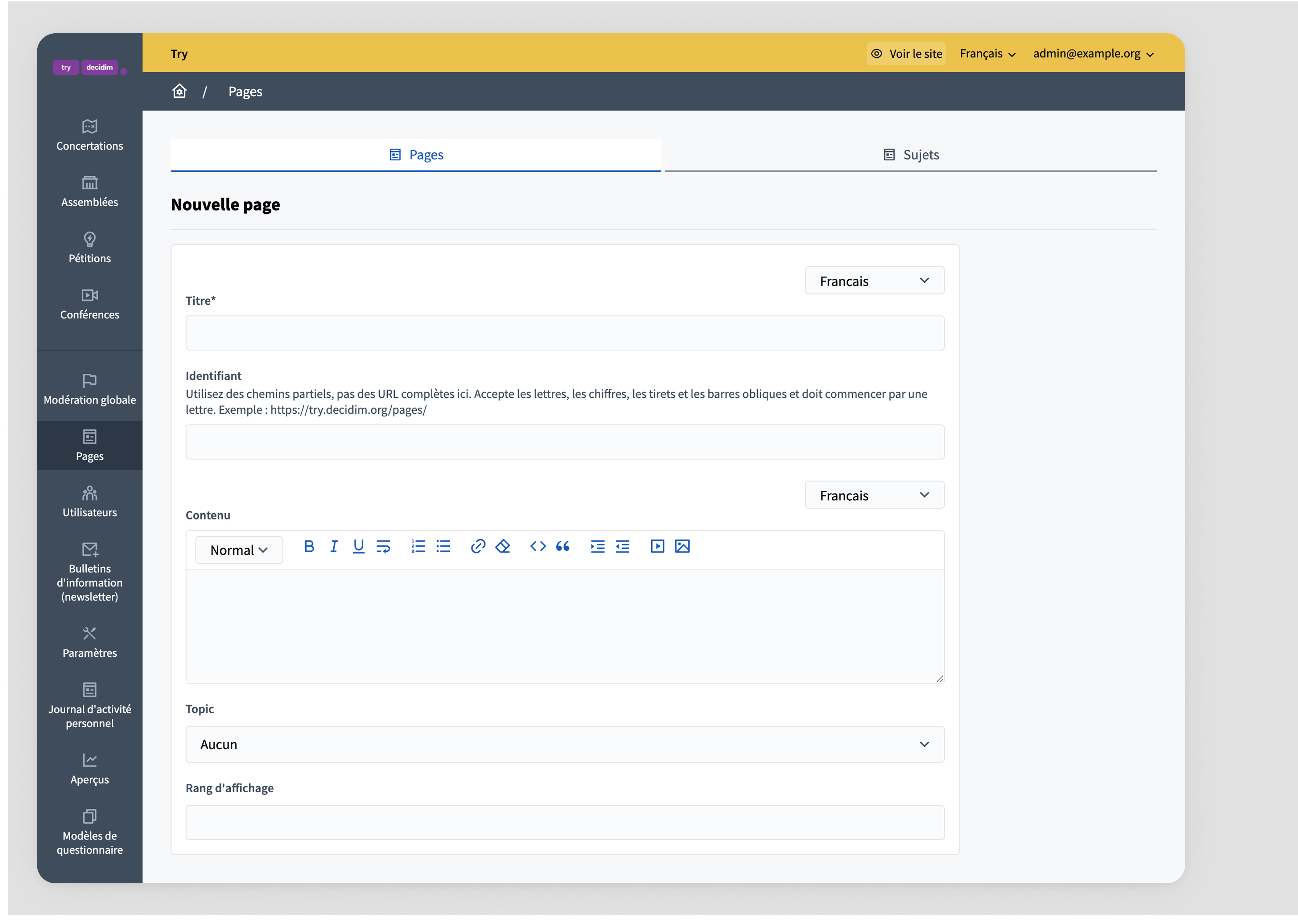 Backend: new page form