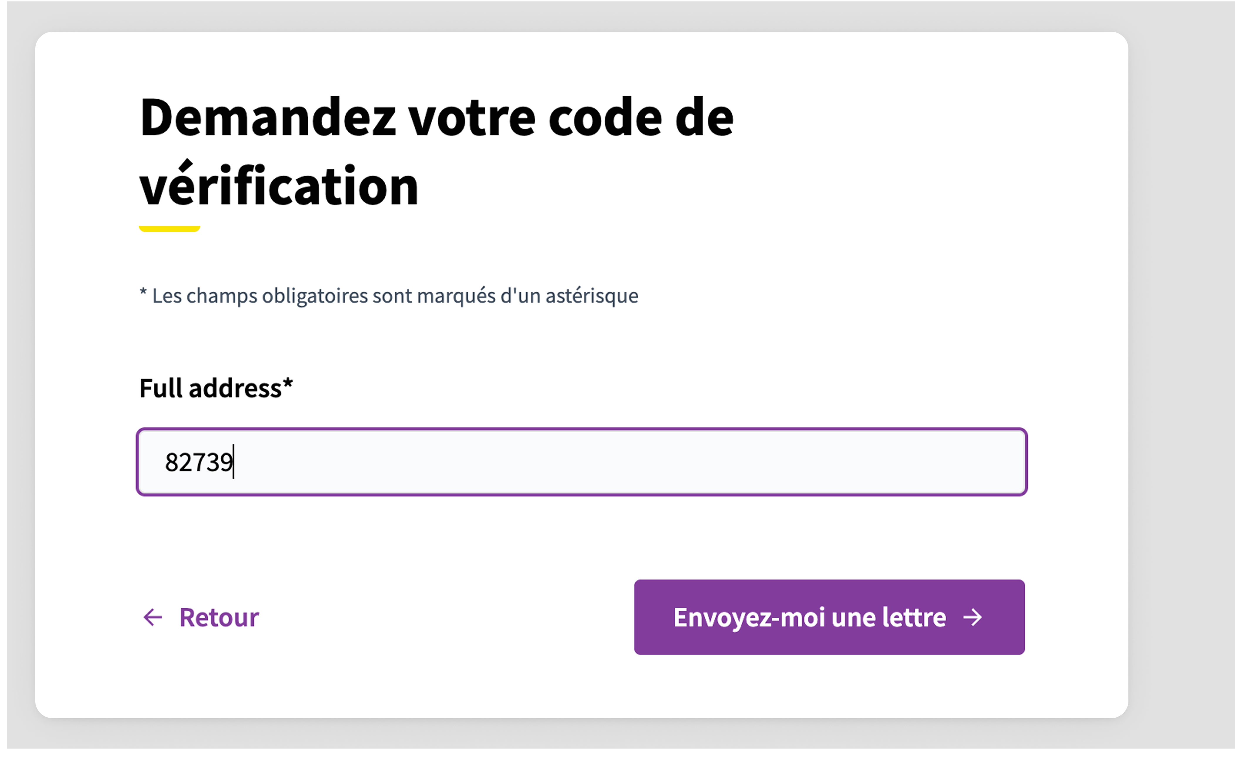Code by postal letter confirmation form