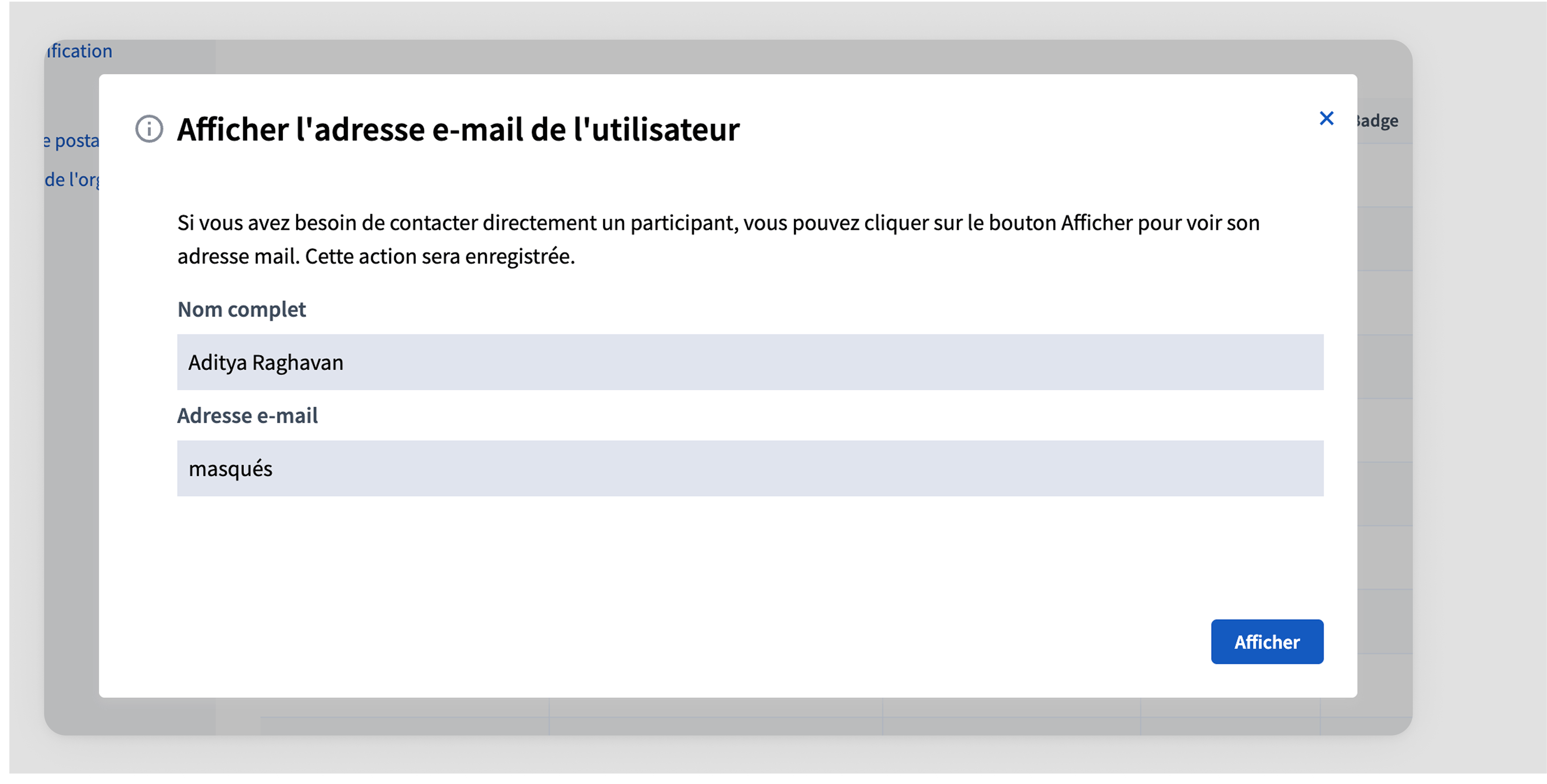 Modal affiché dans l’email
