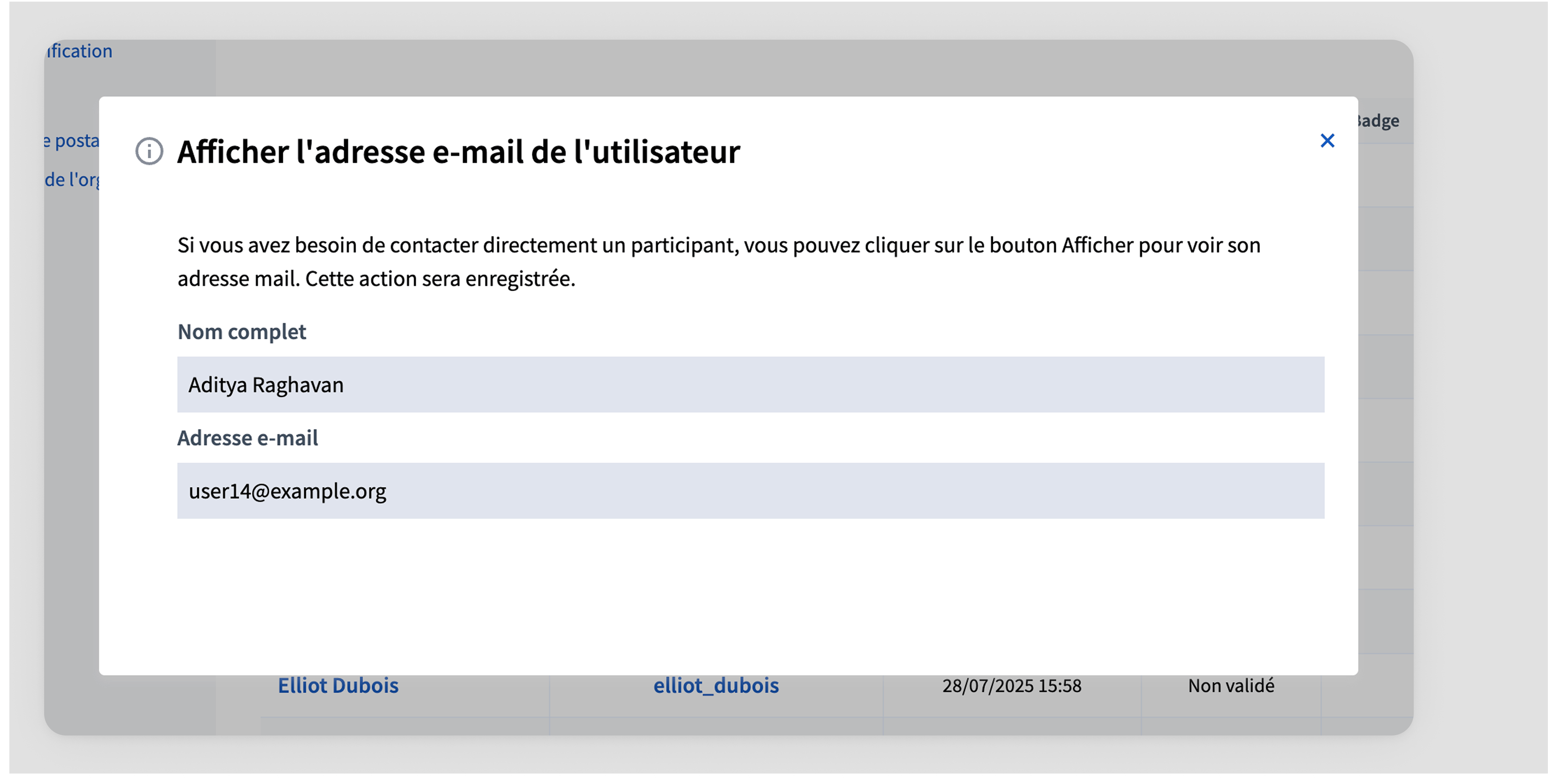 Modal après que l’email est affiché