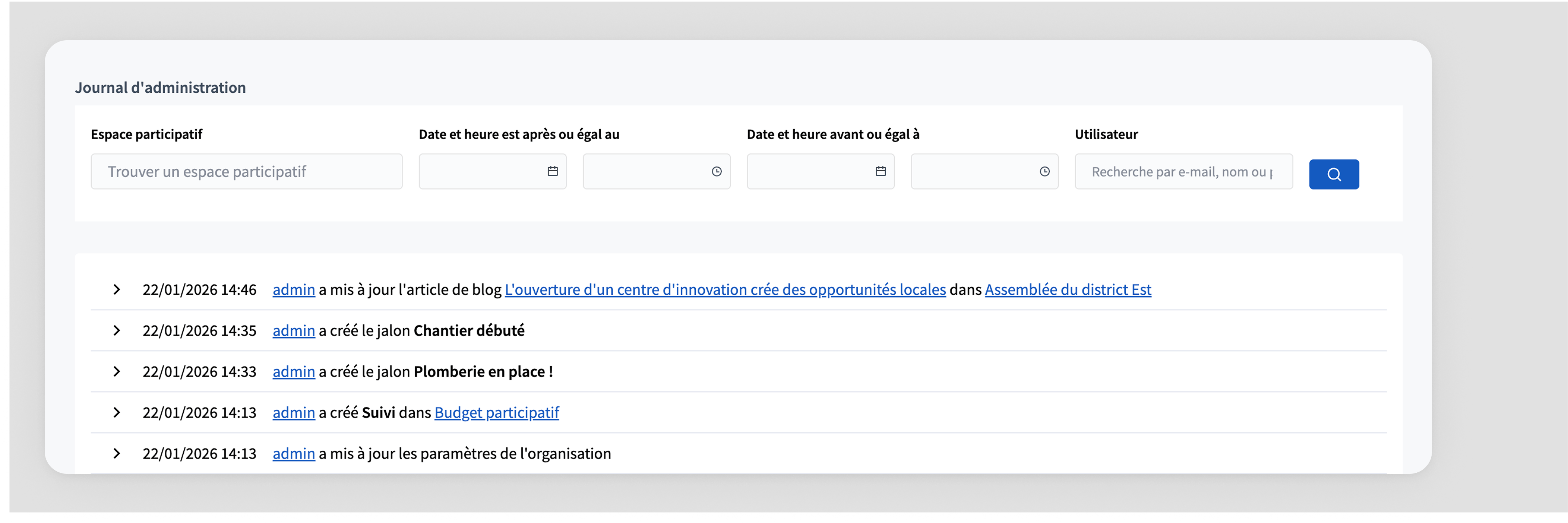 Journal des activités de l’administration pour afficher l’e-mail