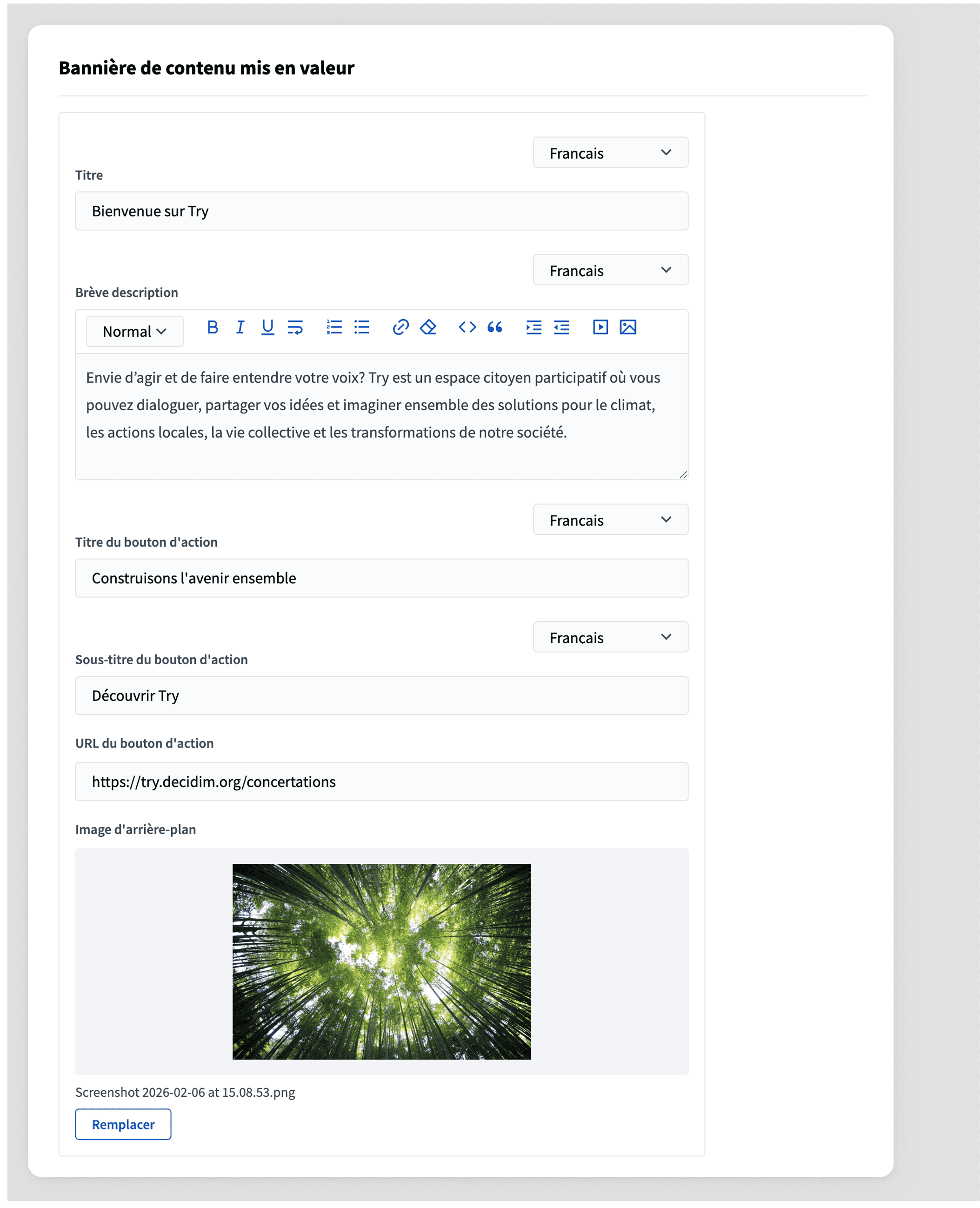 Decidim Admin Appearance edit Highlighted content banner toggle