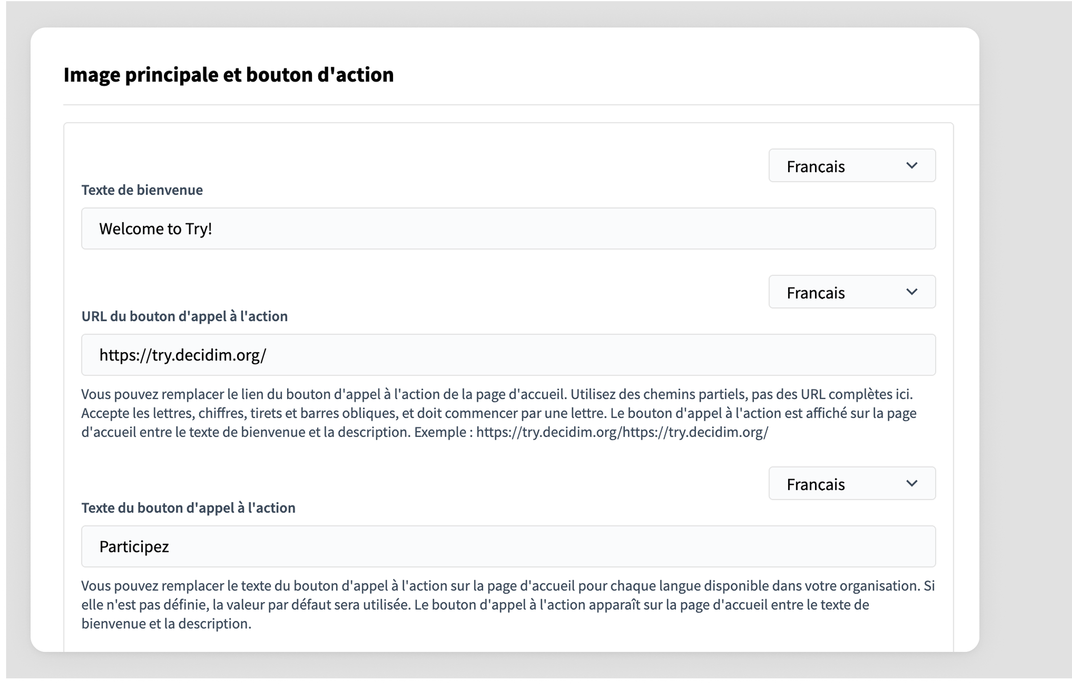 Decidim Admin Appearance edit homepage appearance toggle