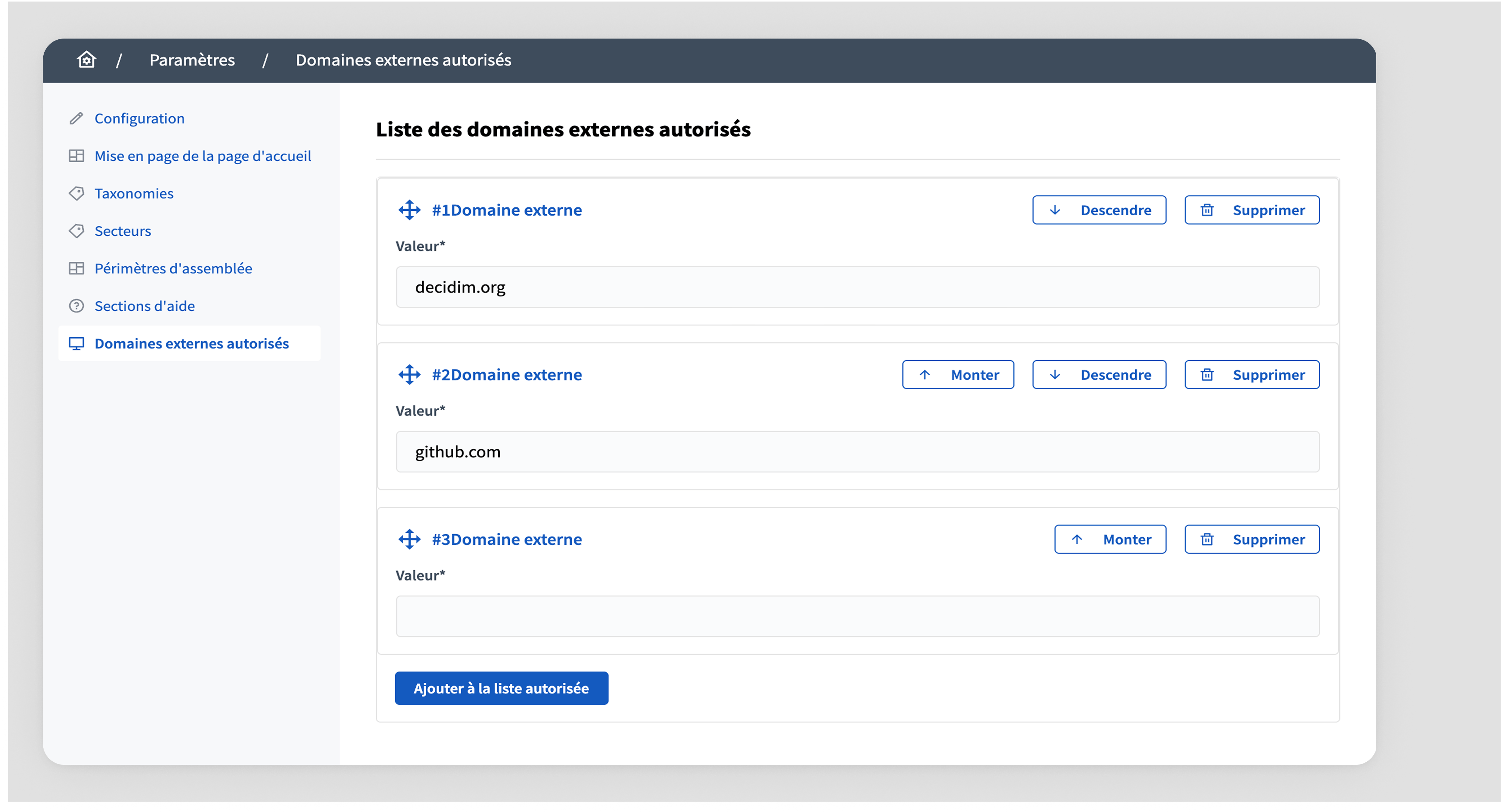 Allowed external domains panel