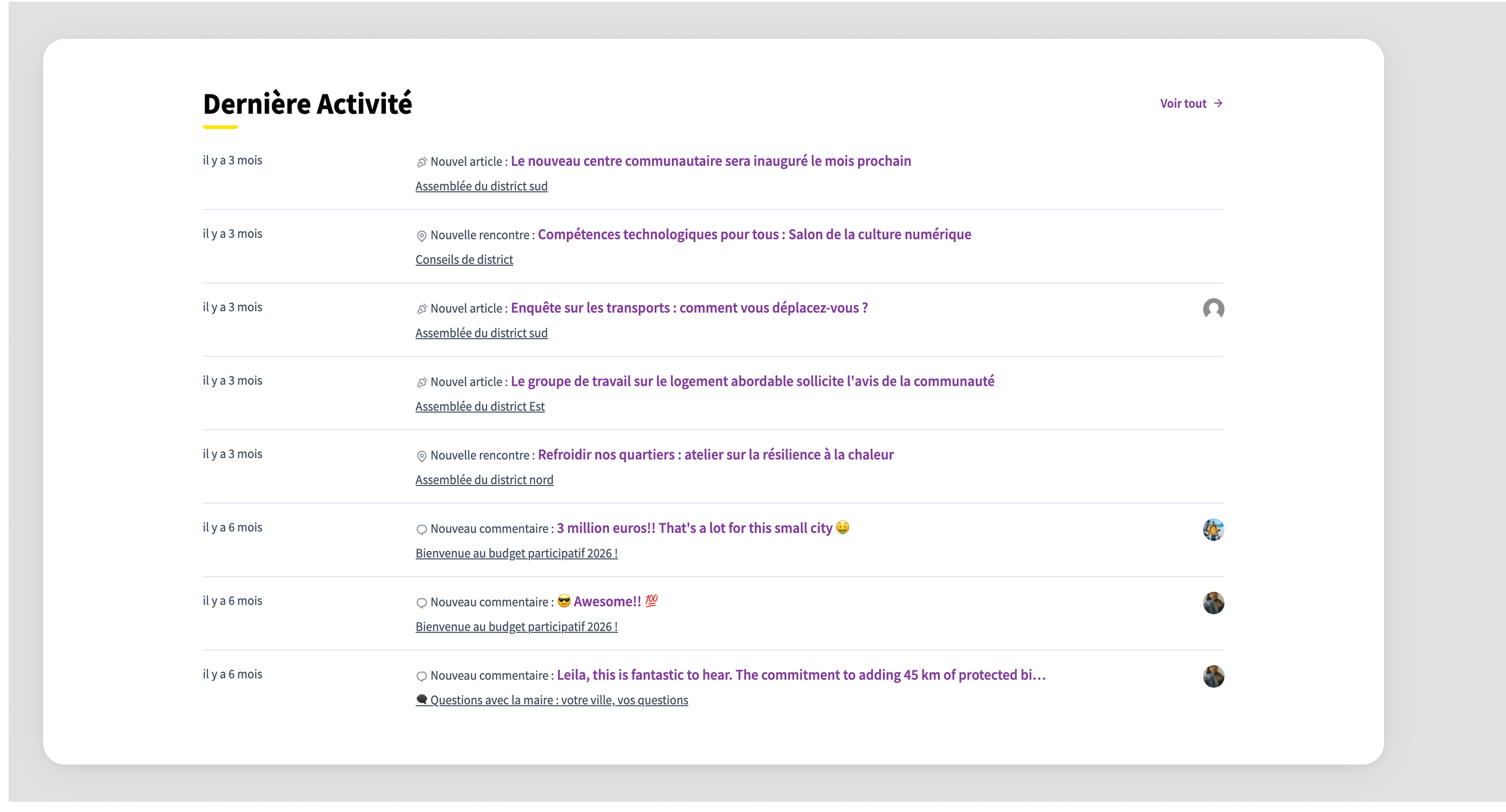 Last activity in Homepage content block