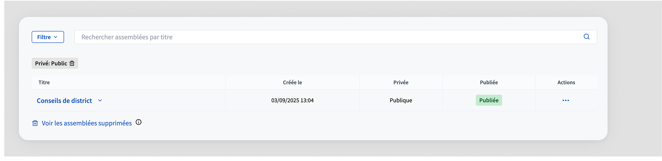 Assemblies list filtered