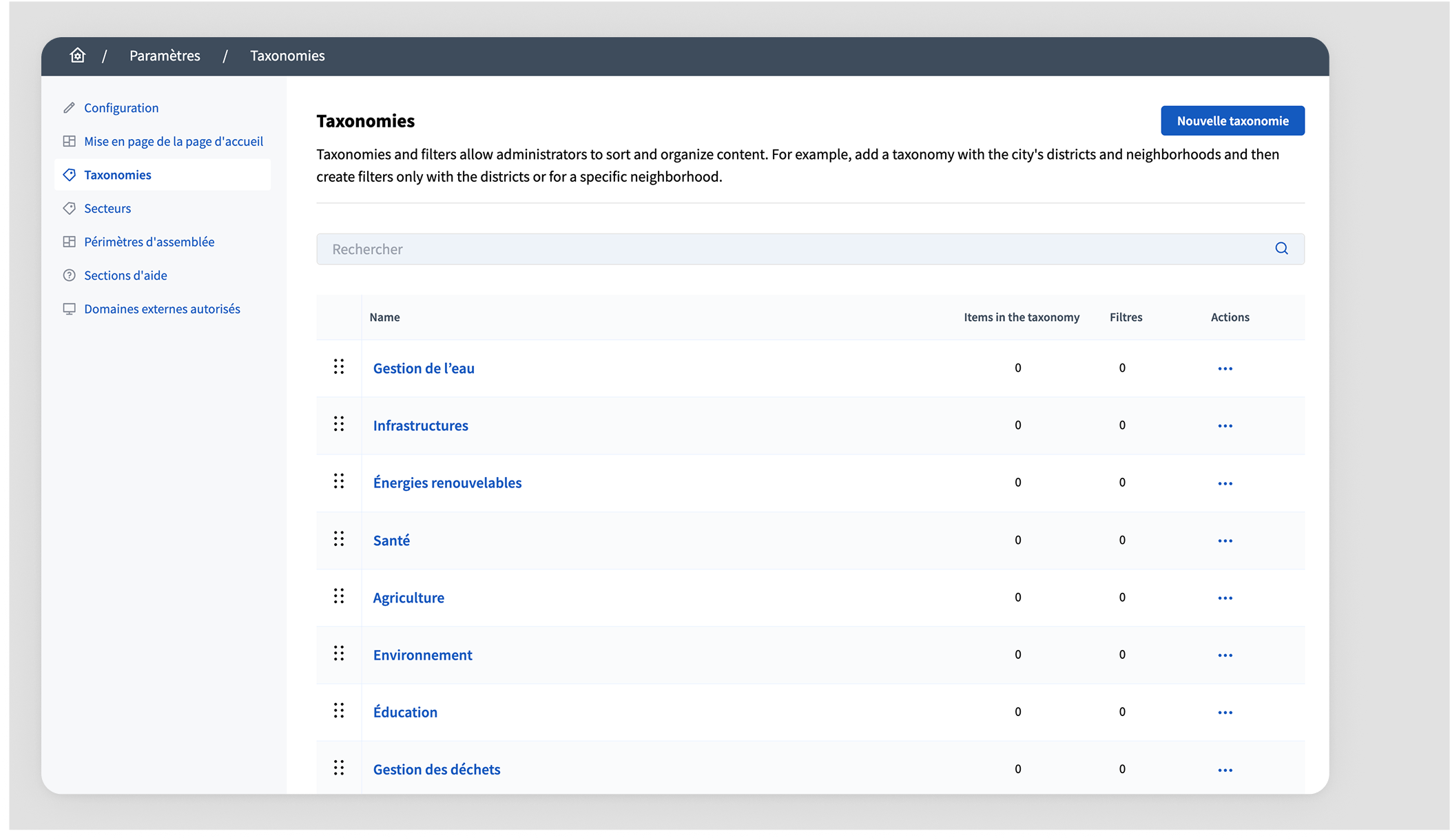 View categories in a space administration page