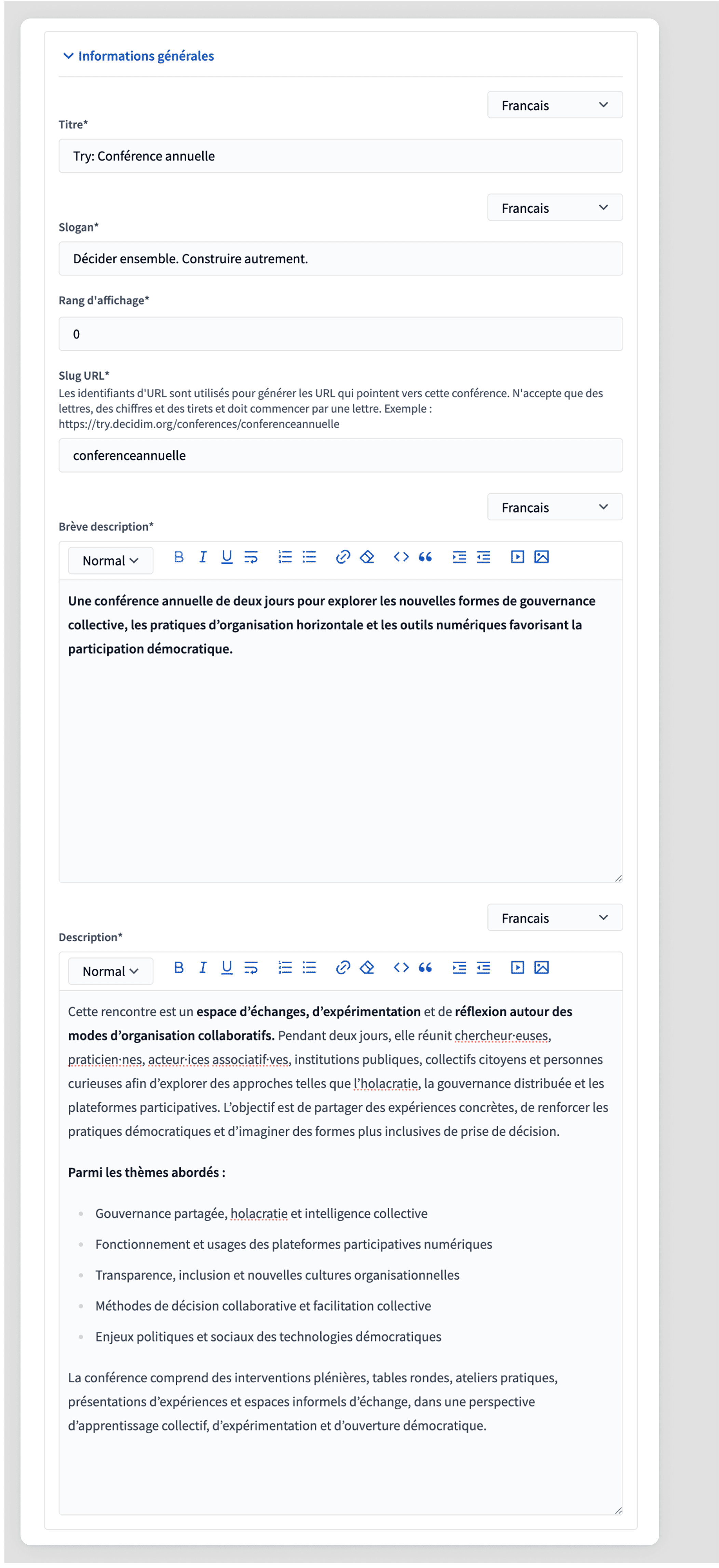 New conference form general info section