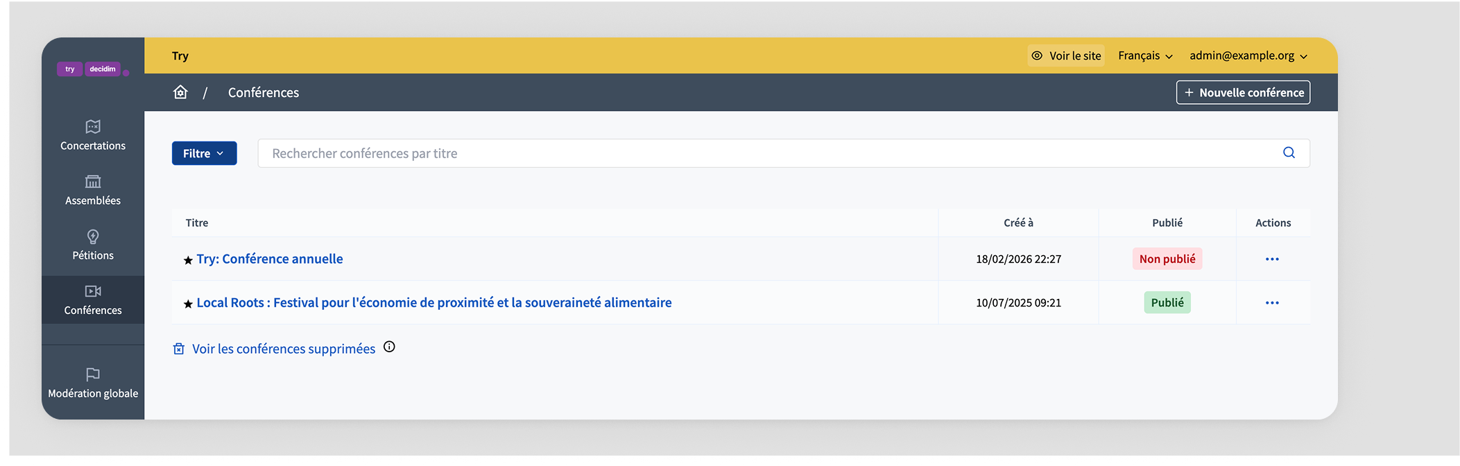 Conferences list in administration panel