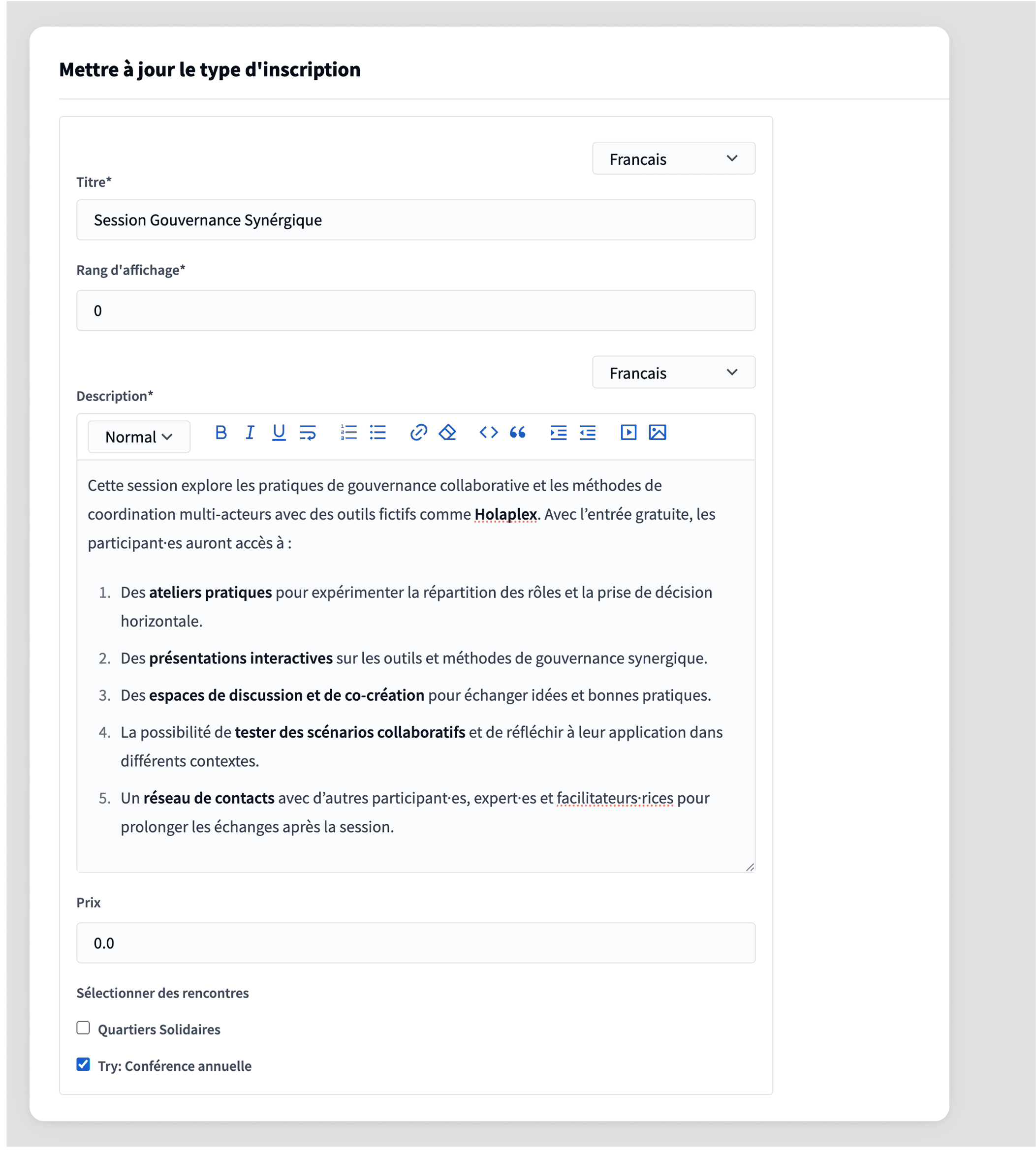 Create a new registration type form