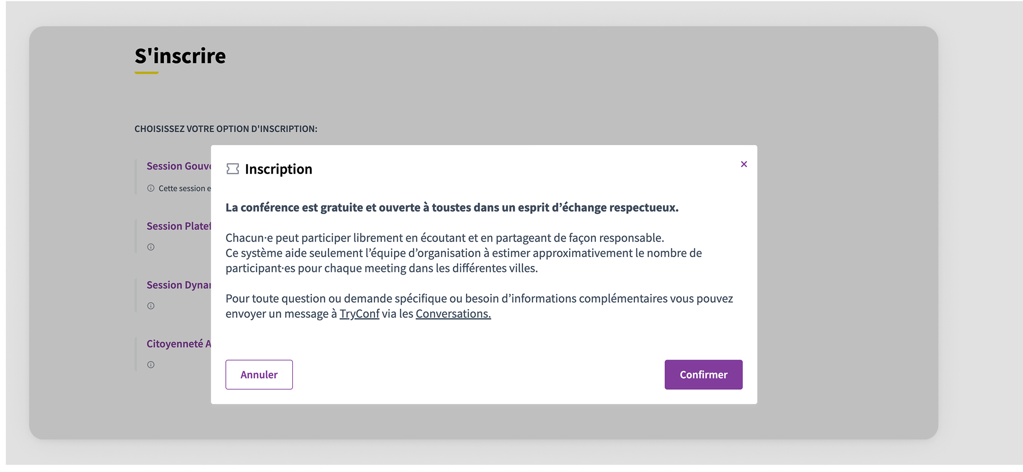 Pop up with registration terms
