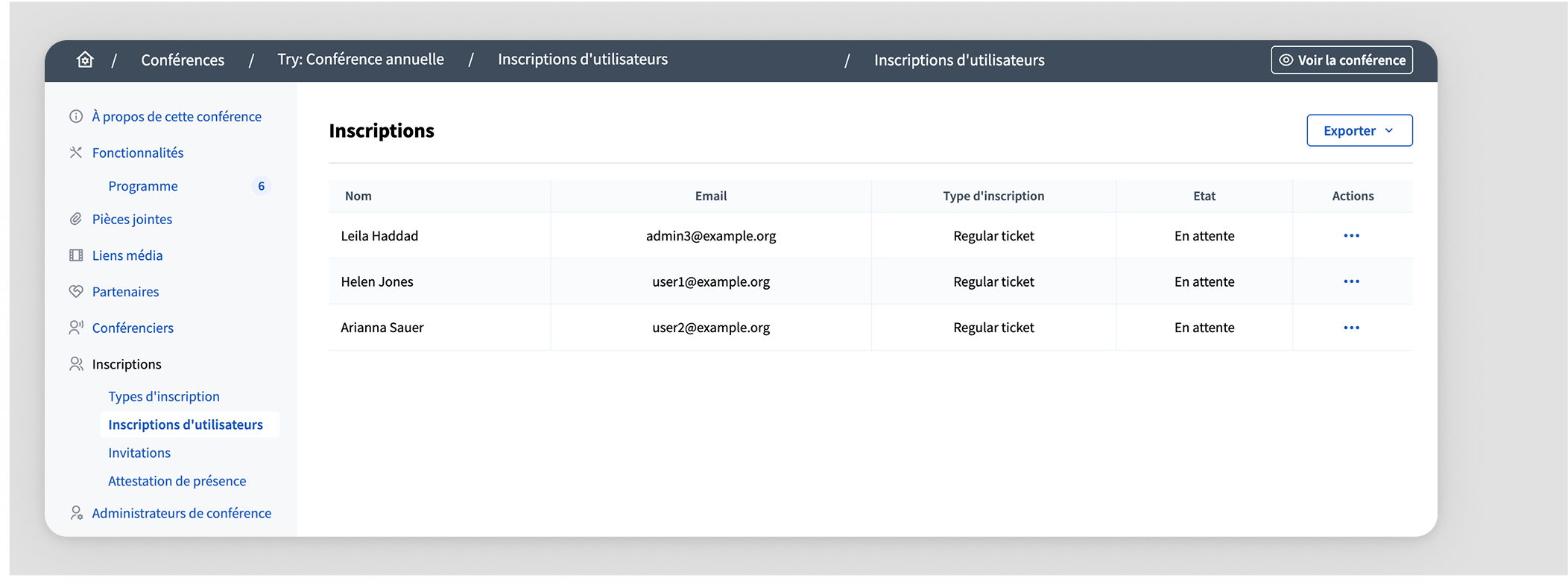 Conferences user registrations (backend)