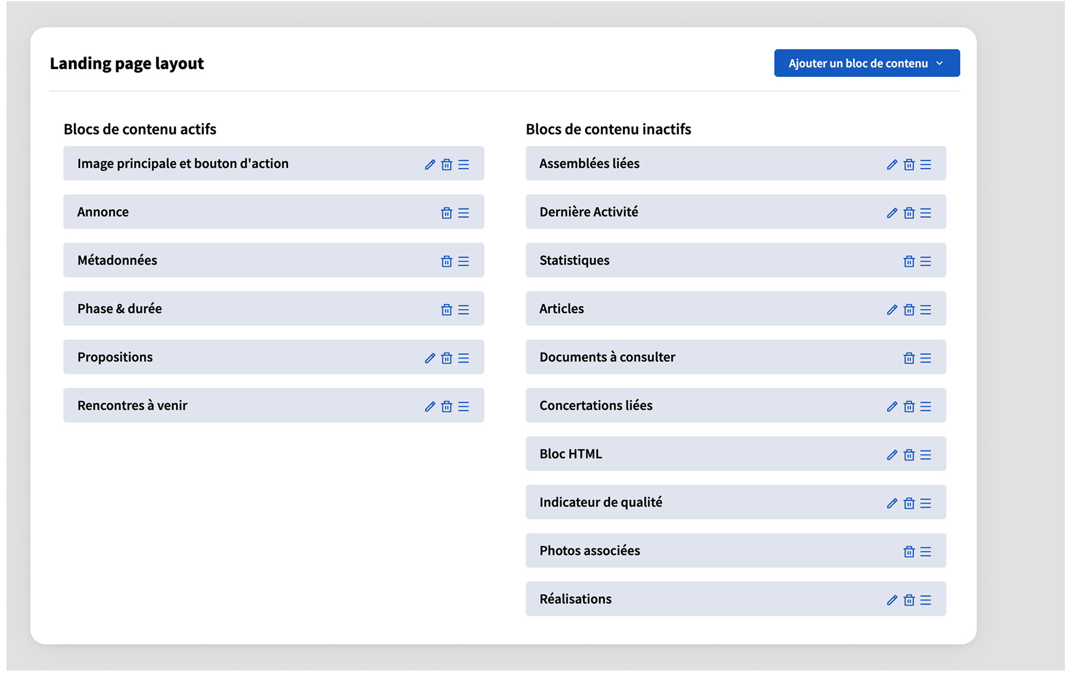 Landing page content blocks