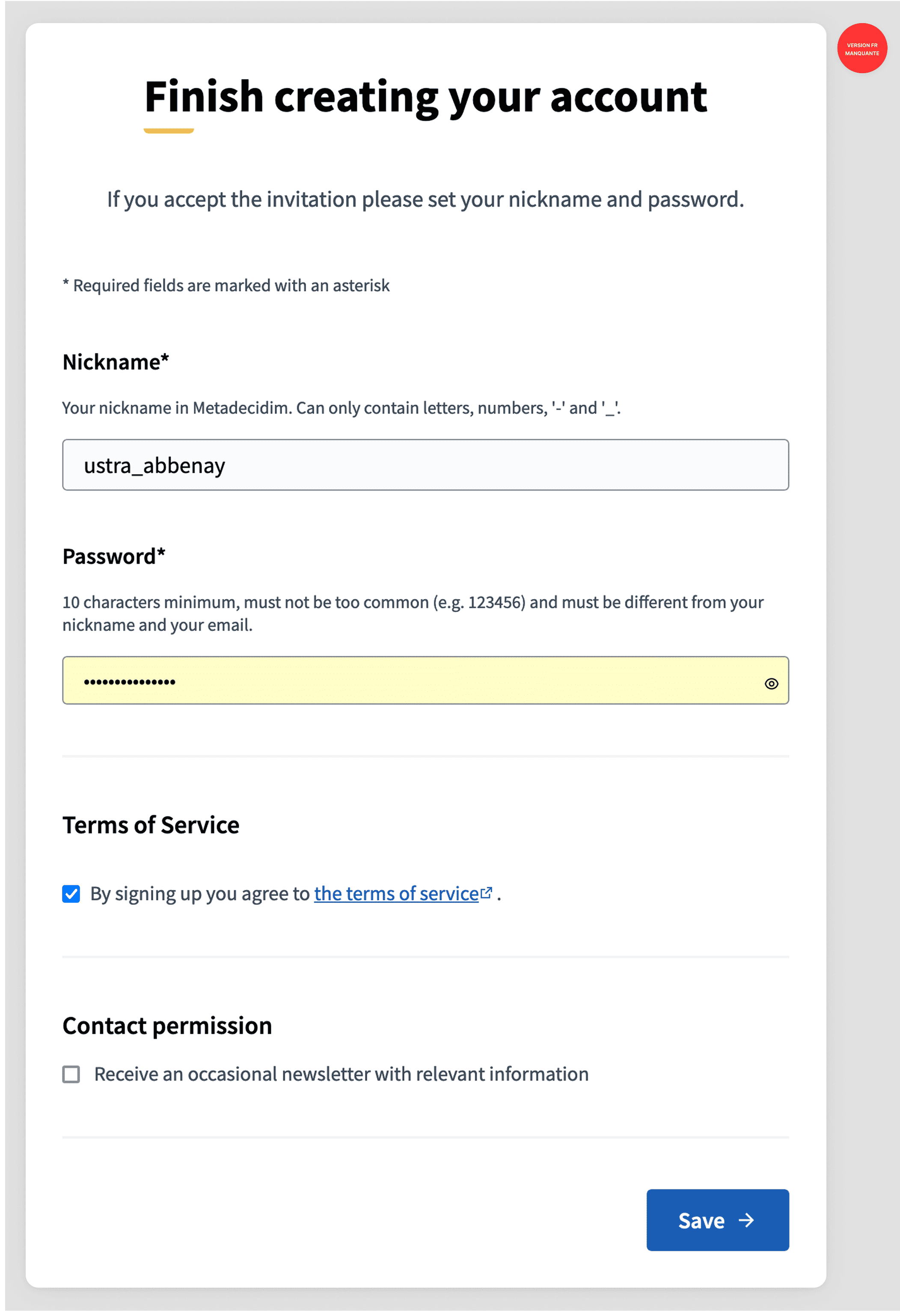 User registration form of a private participant